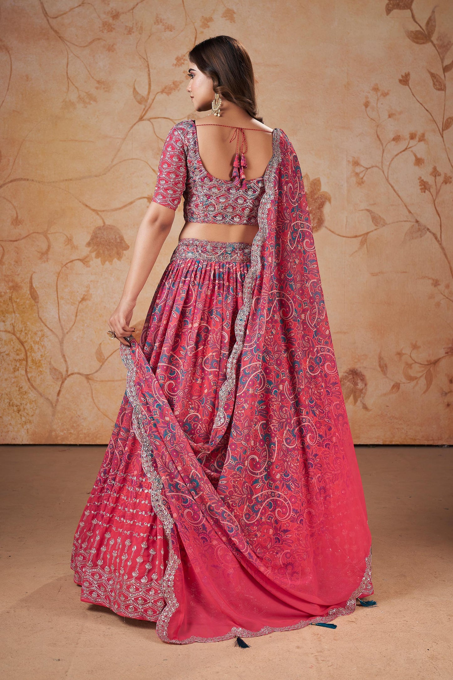 Pink Faux Georgette Floral Digital Print Lehenga