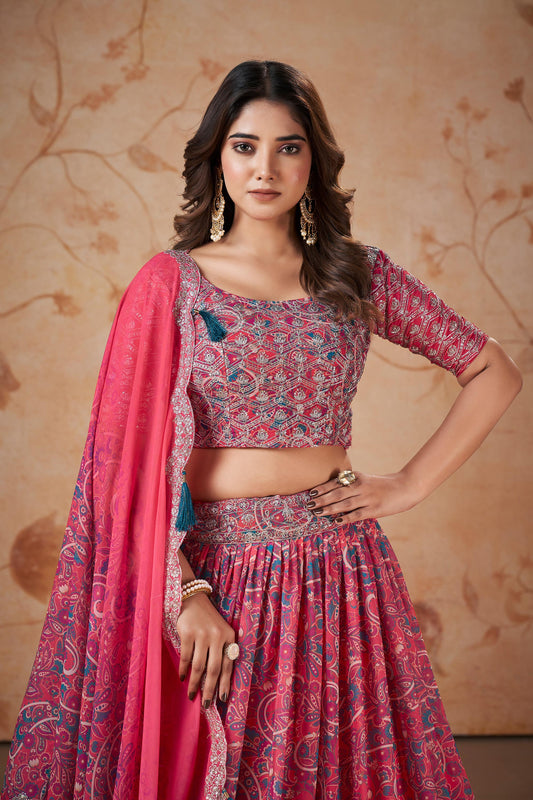 Pink Faux Georgette Floral Digital Print Lehenga