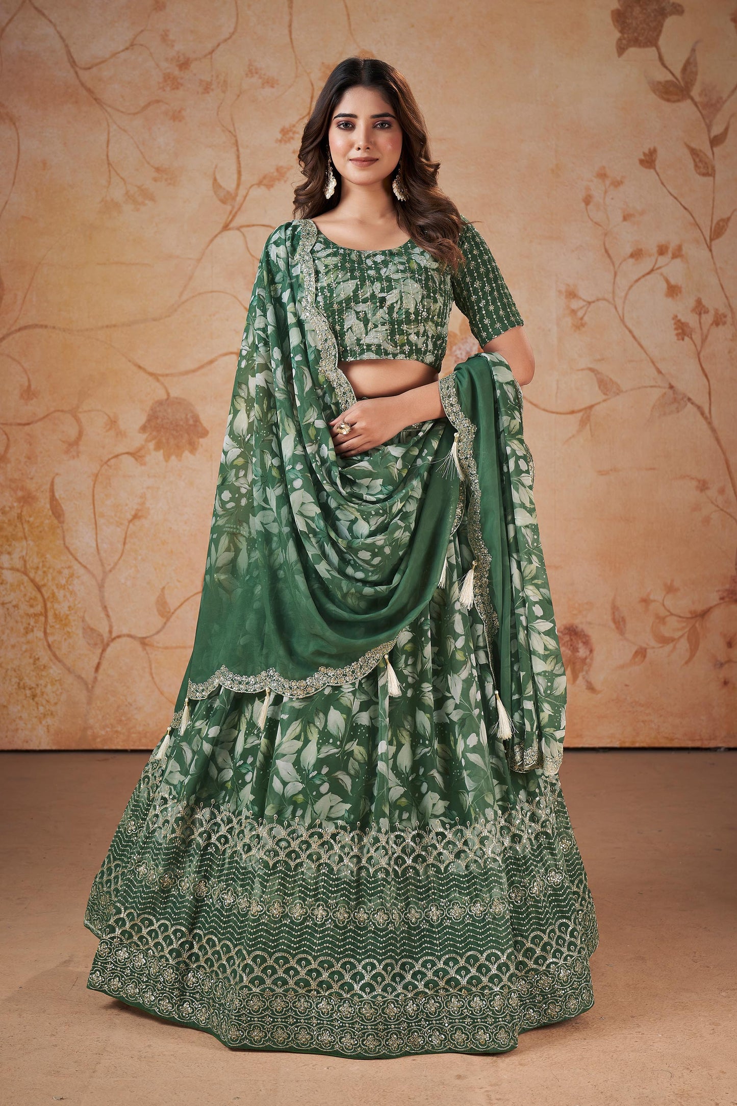 Mehendi Green Faux Georgette Floral Digital Print Lehenga