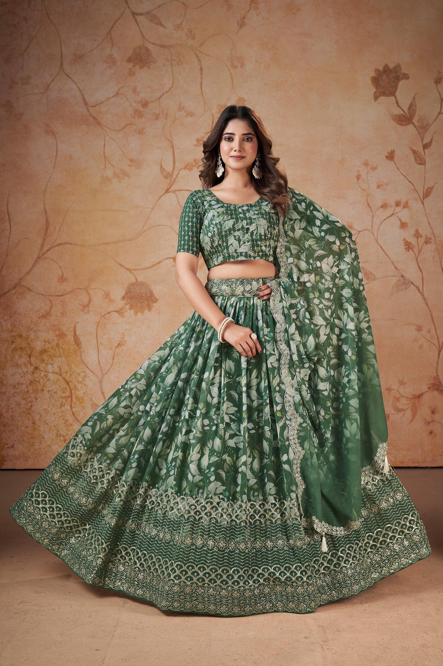 Mehendi Green Faux Georgette Floral Digital Print Lehenga