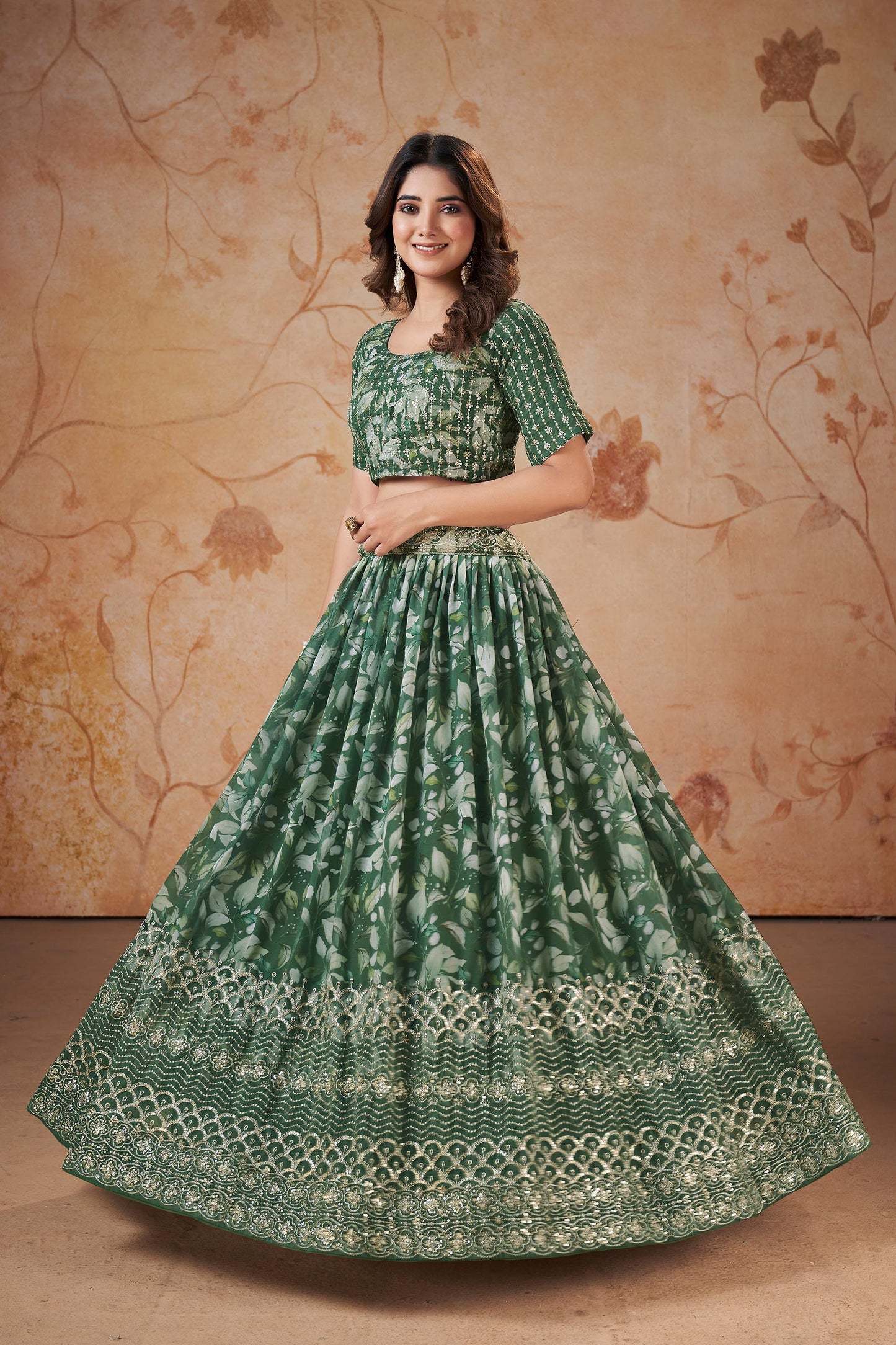 Mehendi Green Faux Georgette Floral Digital Print Lehenga