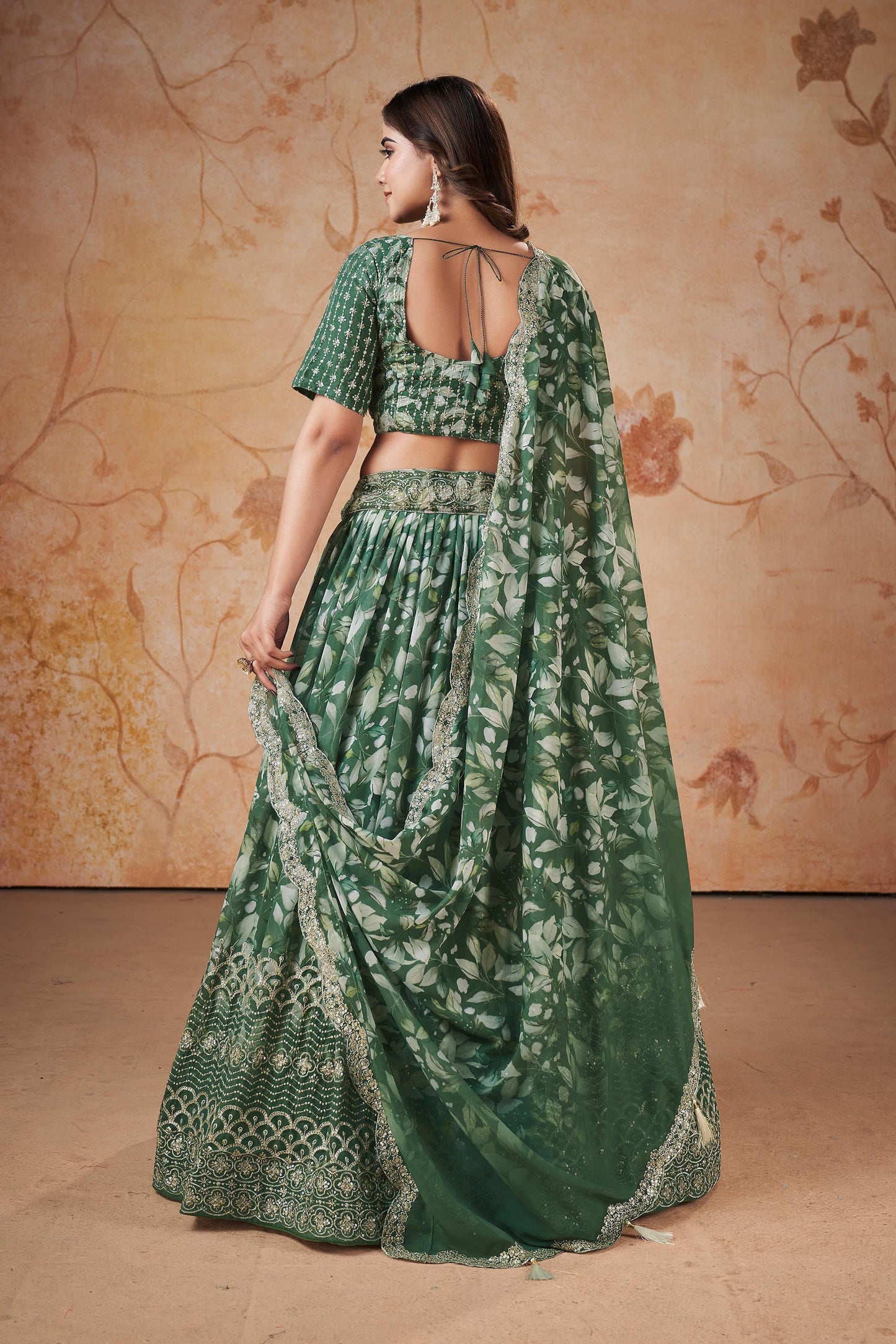 Mehendi Green Faux Georgette Floral Digital Print Lehenga