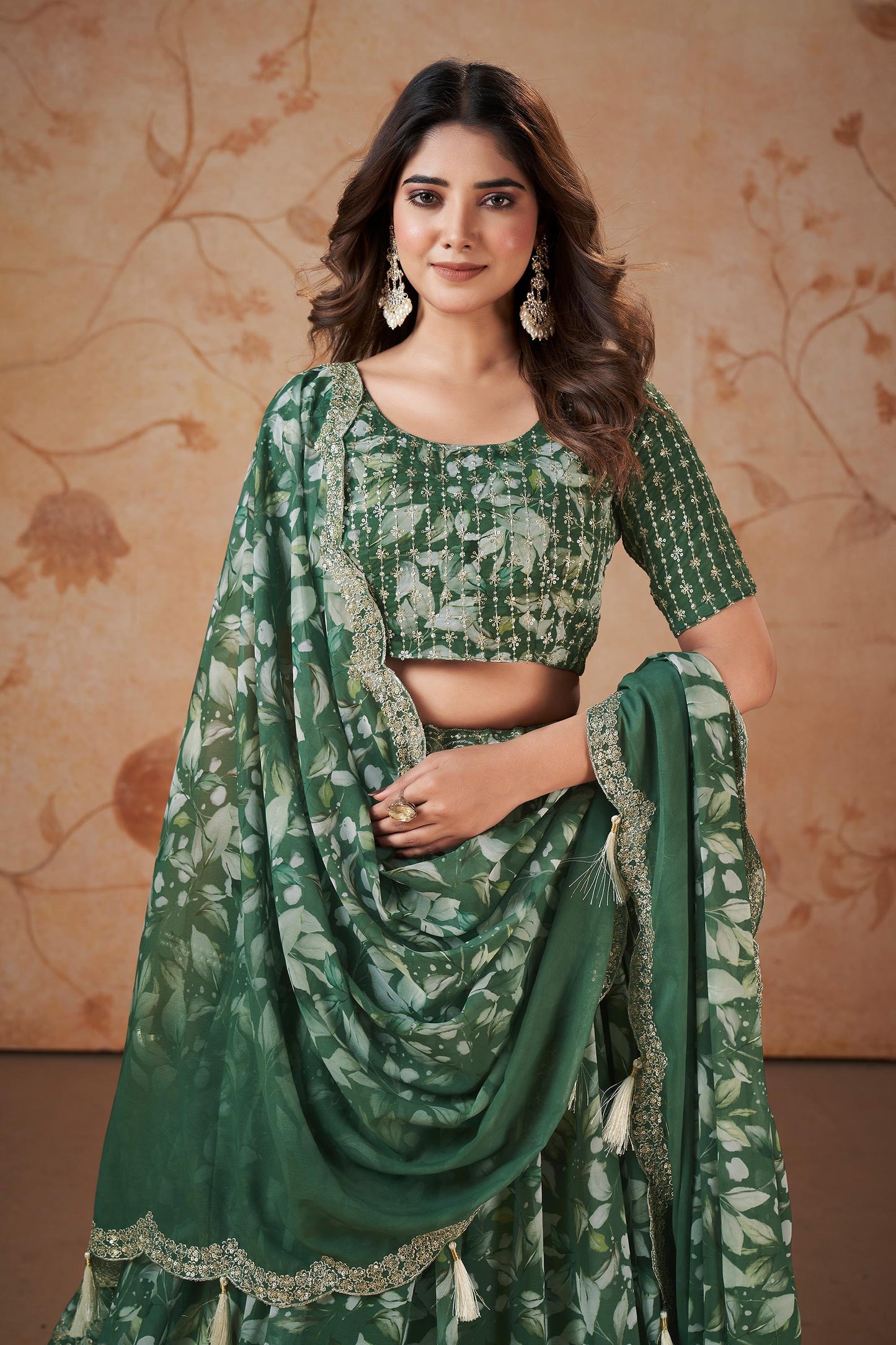 Mehendi Green Faux Georgette Floral Digital Print Lehenga