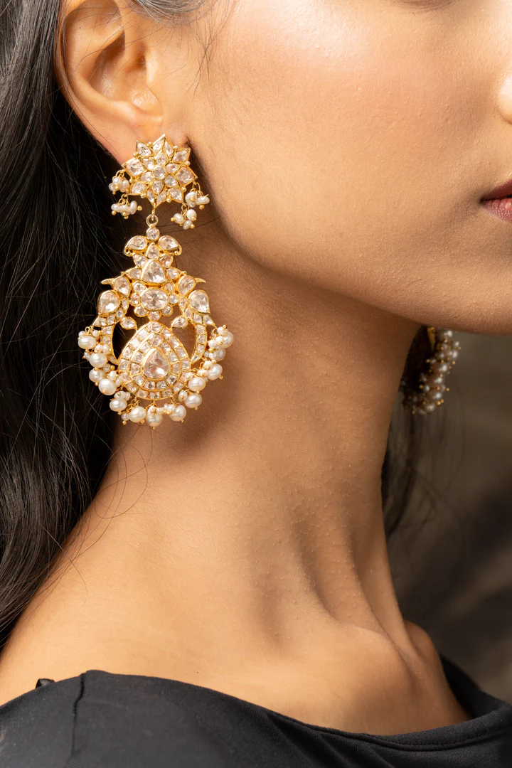 White Polki Studded with Pearl Drops Silver Earrings