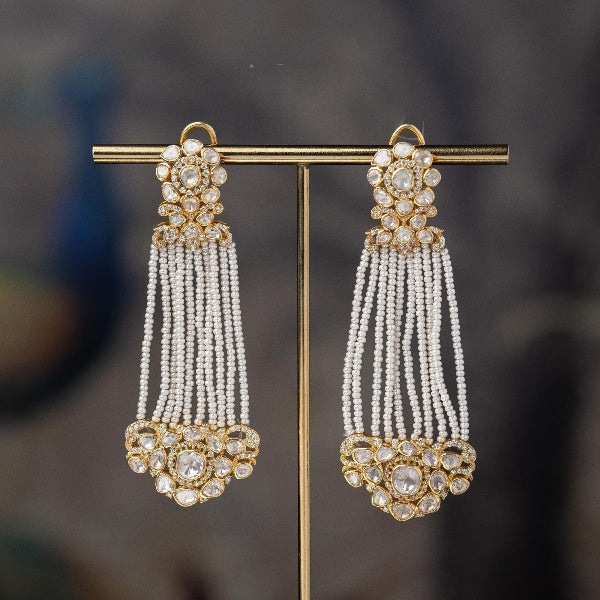 White and Gold Pearl Ghoomar Silver Earrings