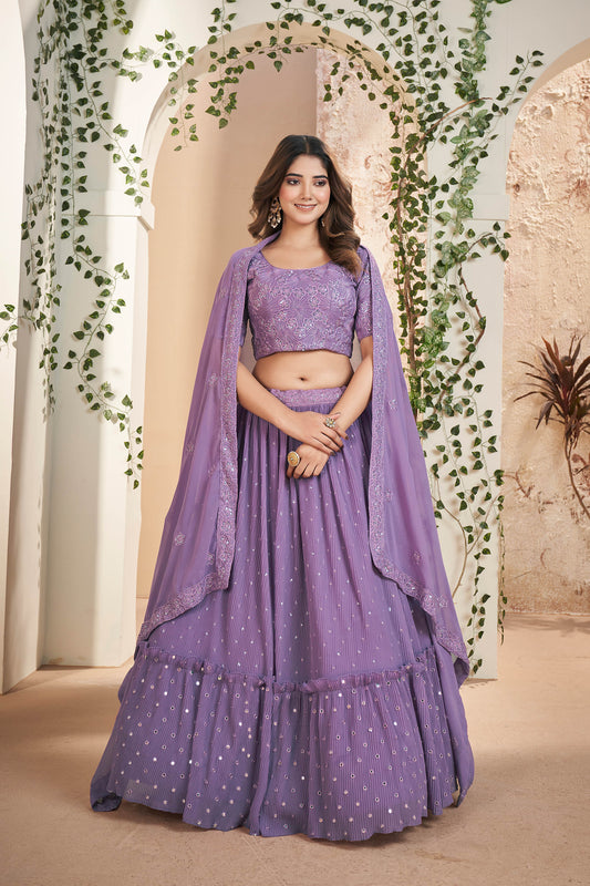 Purple Faux Georgette Sequins Embroidery Lehenga