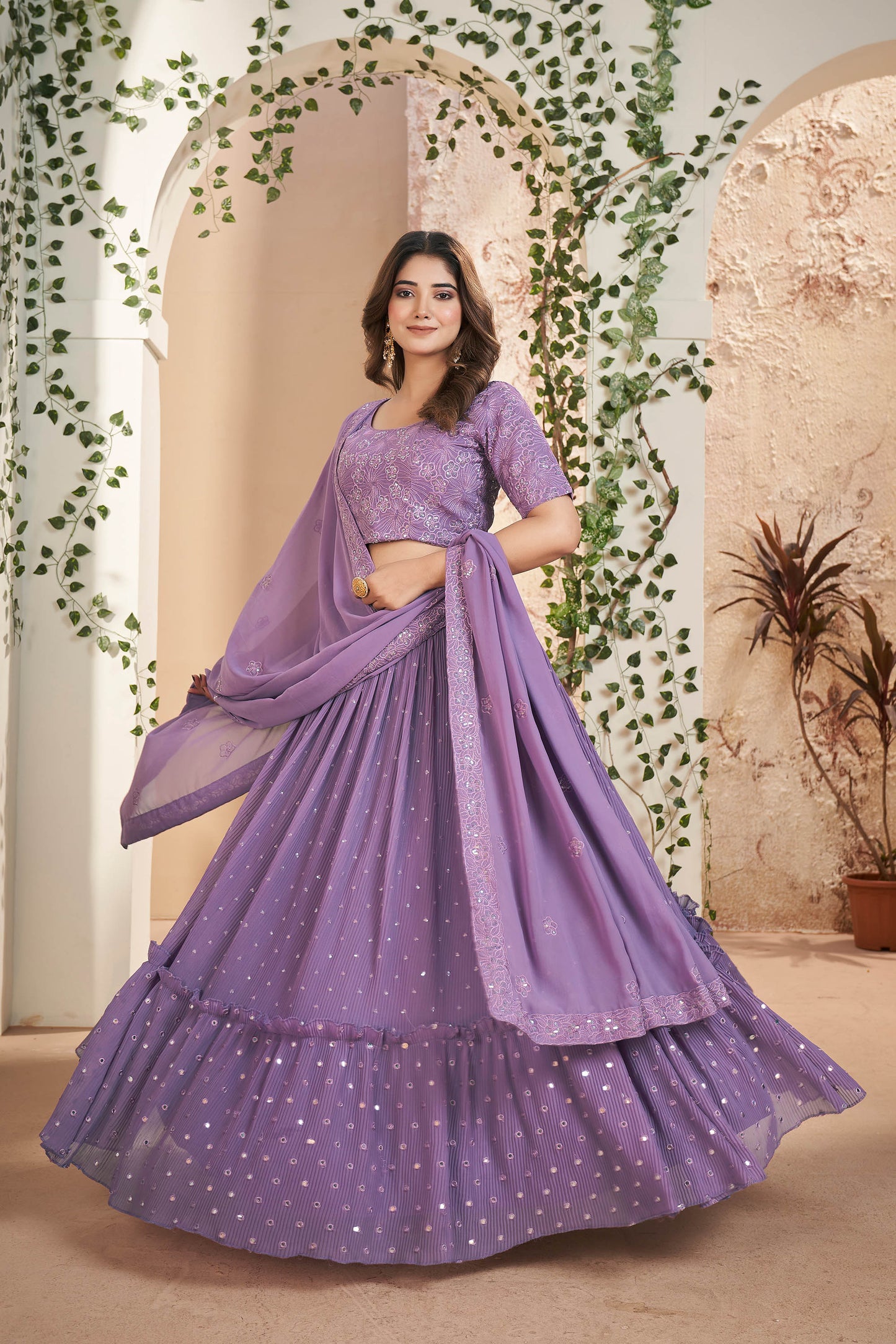 Purple Faux Georgette Sequins Embroidery Lehenga