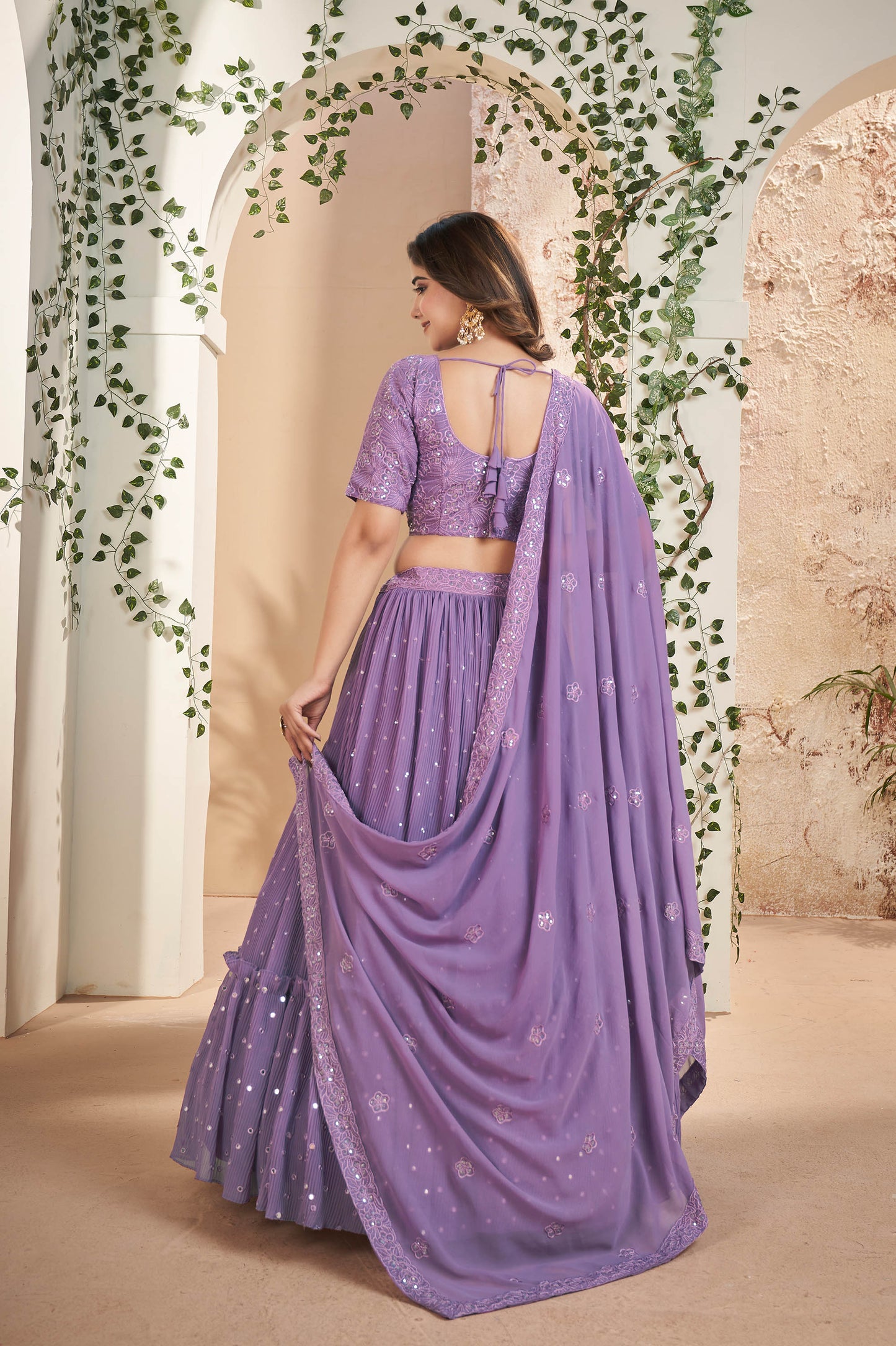 Purple Faux Georgette Sequins Embroidery Lehenga