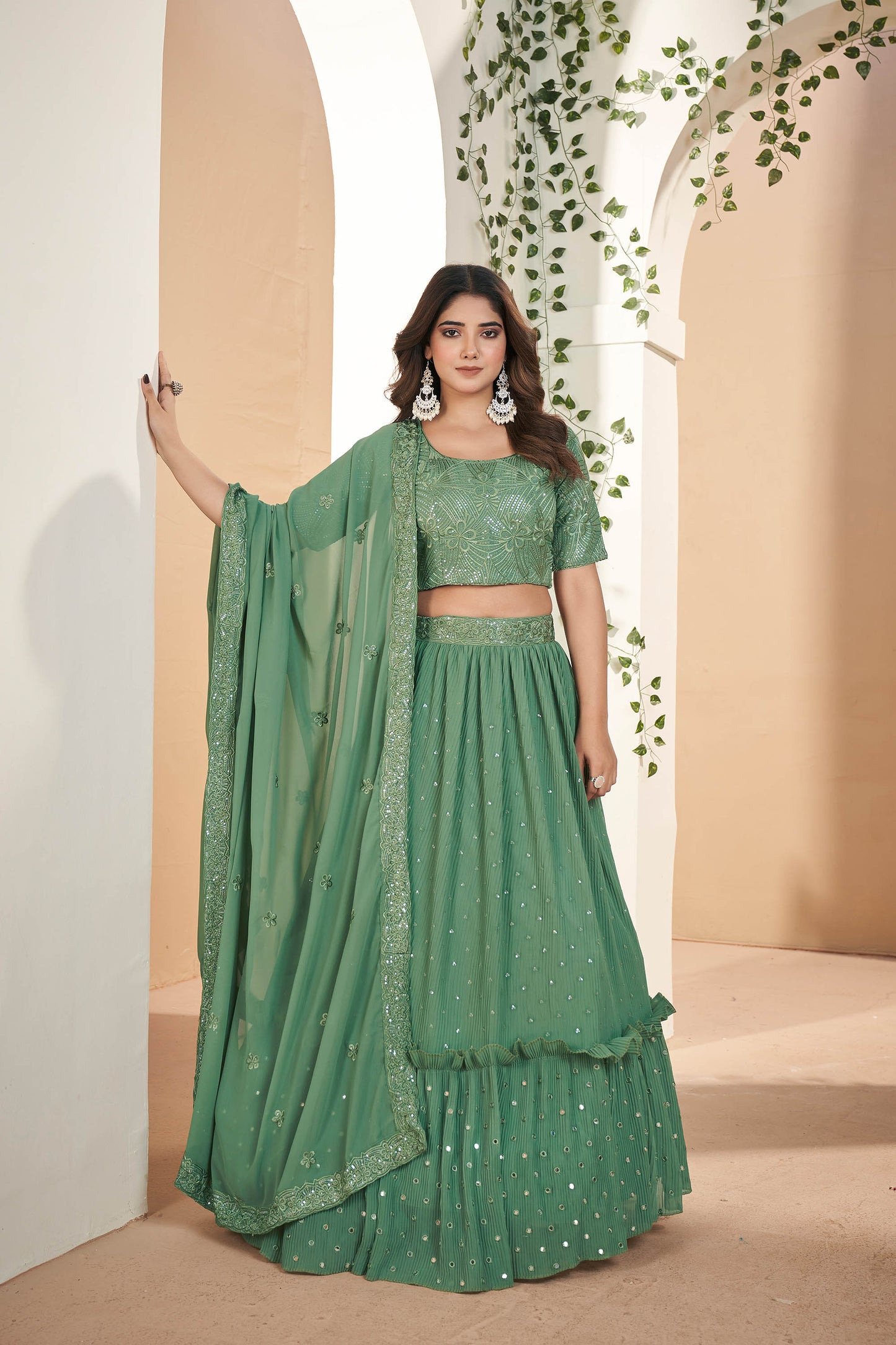 Green Faux Georgette Sequins Embroidery Lehenga