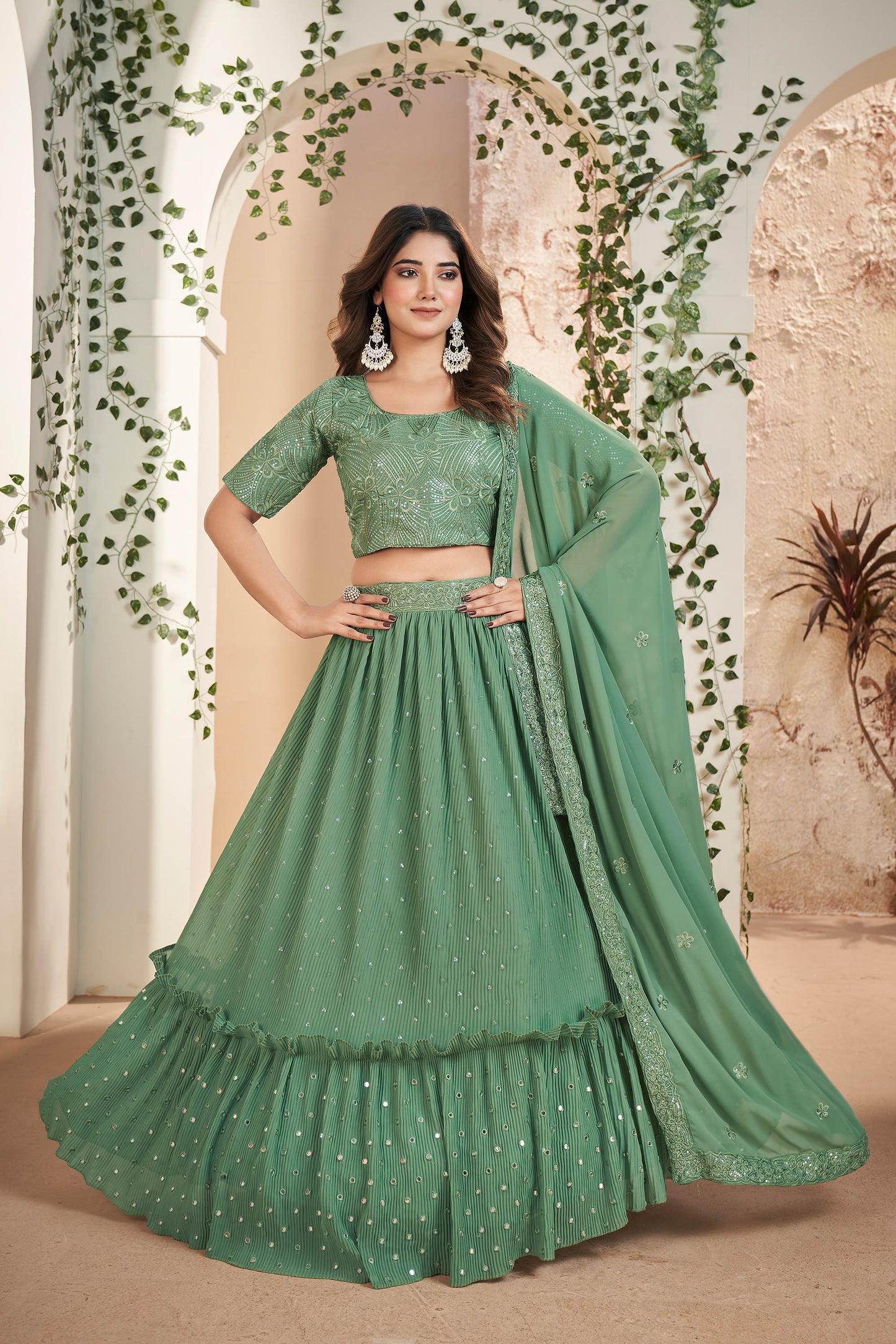 Green Faux Georgette Sequins Embroidery Lehenga