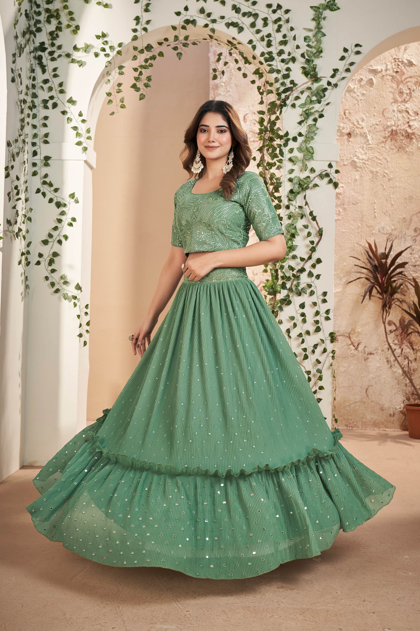 Green Faux Georgette Sequins Embroidery Lehenga