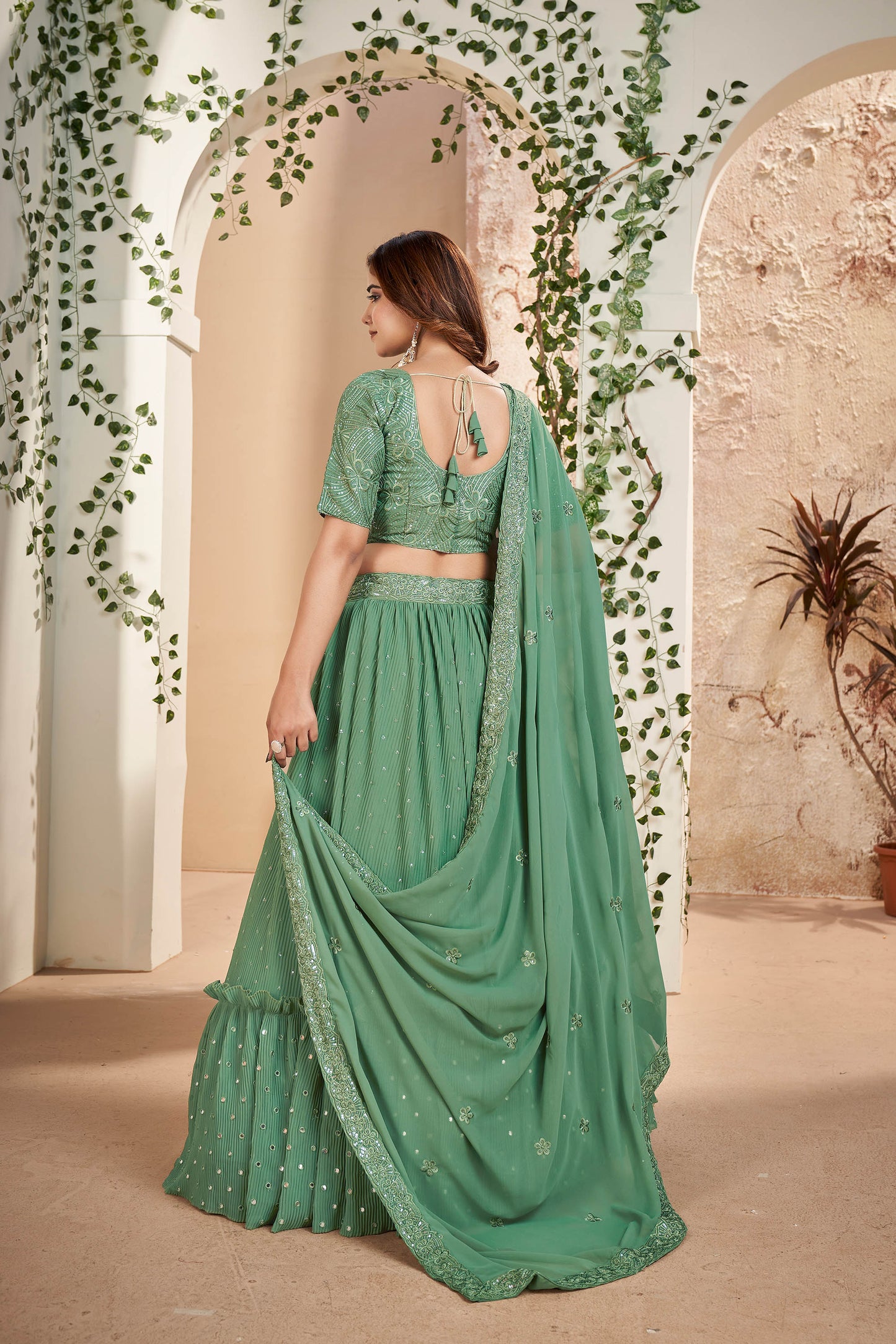 Green Faux Georgette Sequins Embroidery Lehenga