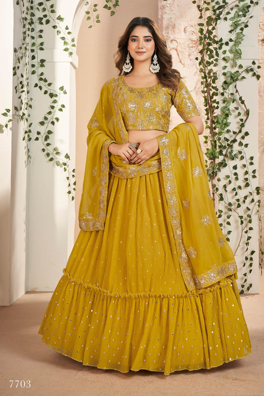 Mustard Yellow Faux Georgette Sequins Embroidery Lehenga