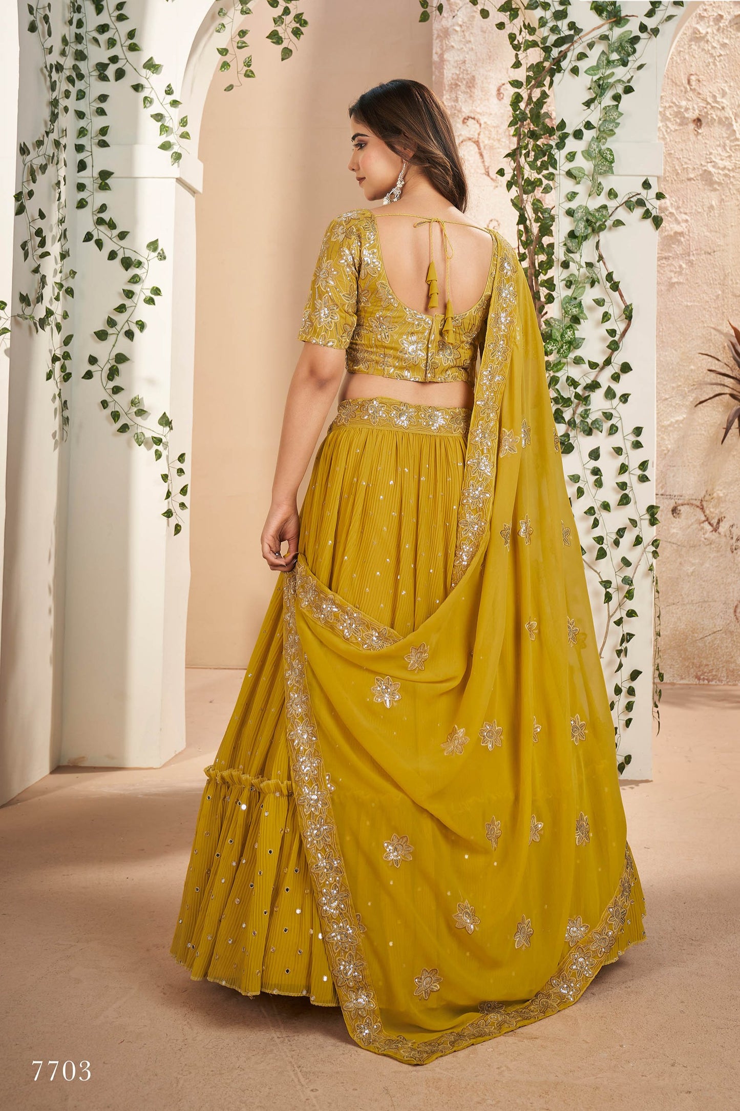 Mustard Yellow Faux Georgette Sequins Embroidery Lehenga