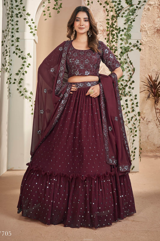 Maroon Faux Georgette Sequins Embroidery Lehenga