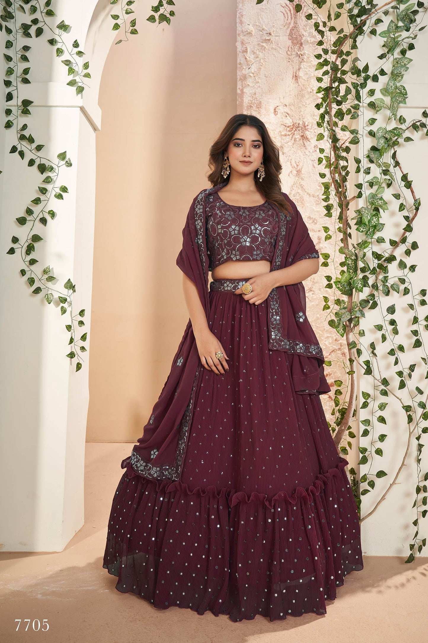 Maroon Faux Georgette Sequins Embroidery Lehenga