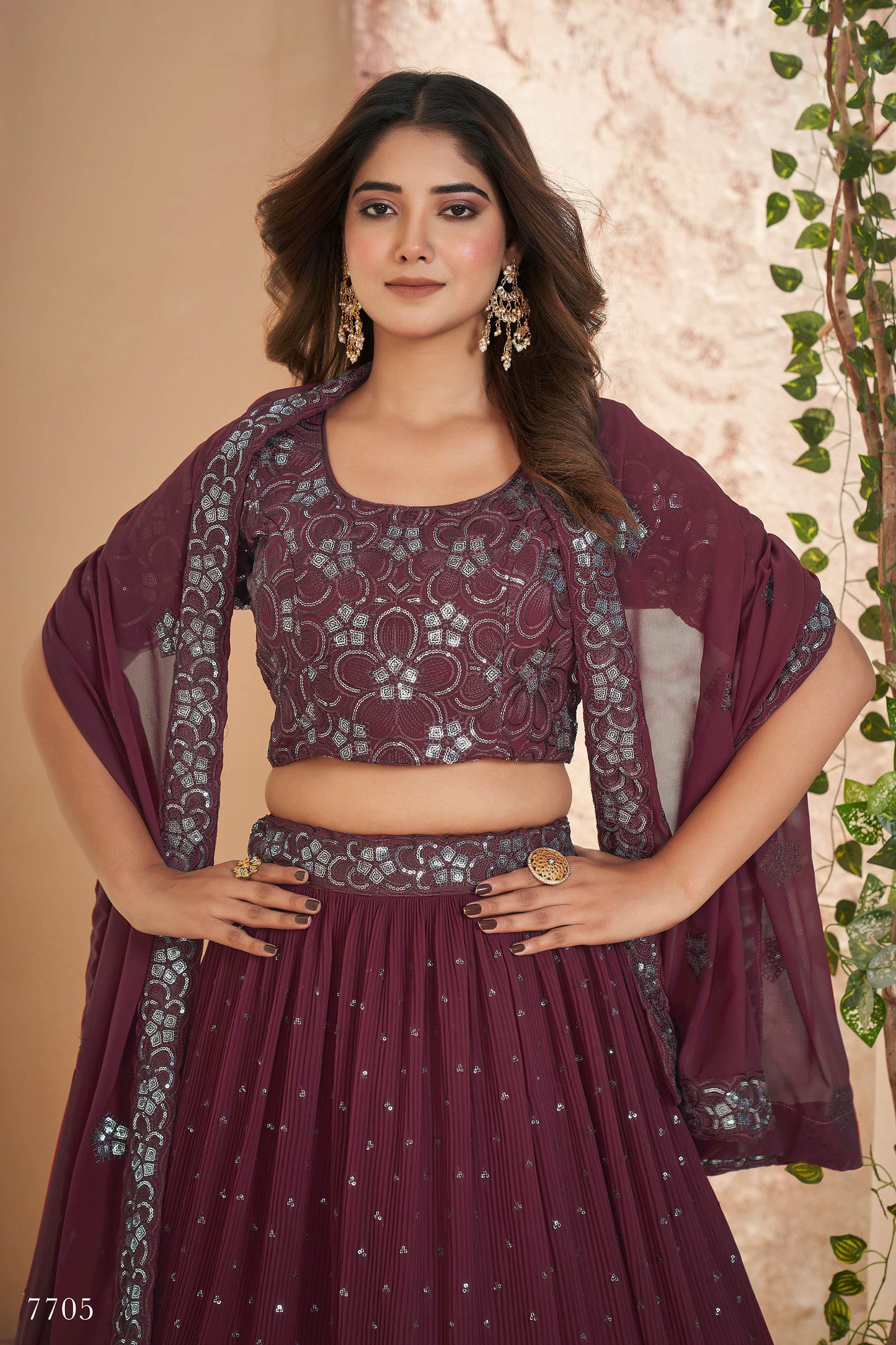 Maroon Faux Georgette Sequins Embroidery Lehenga