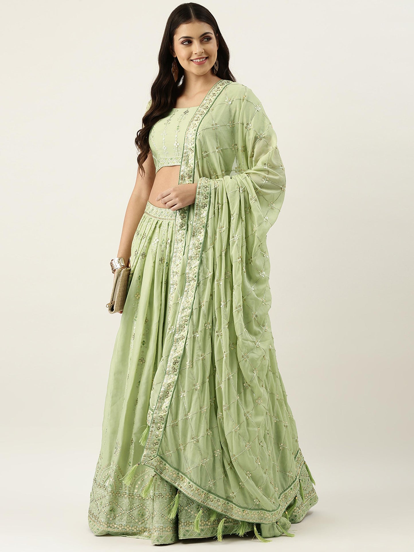 Pista Green Pure Georgette Embroidered Semi-Stitched Lehenga & Unstitched Blouse Dupatta