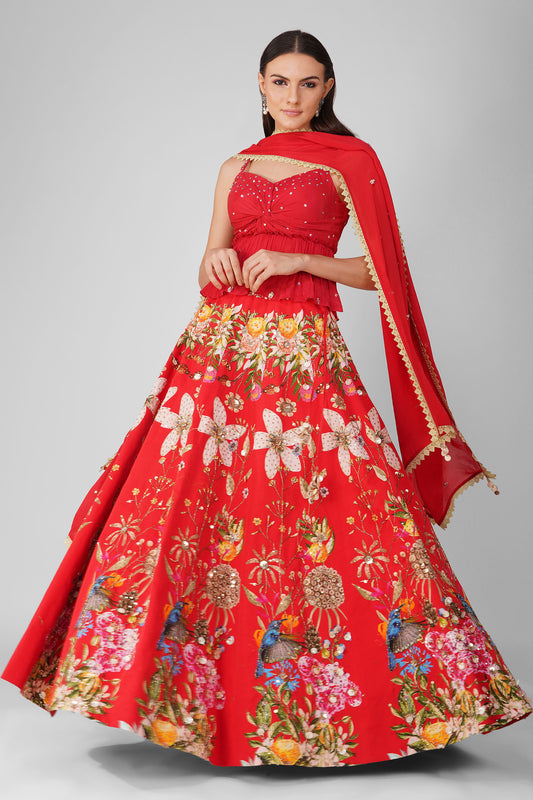 Sky Garden Red Printed Lehenga Set