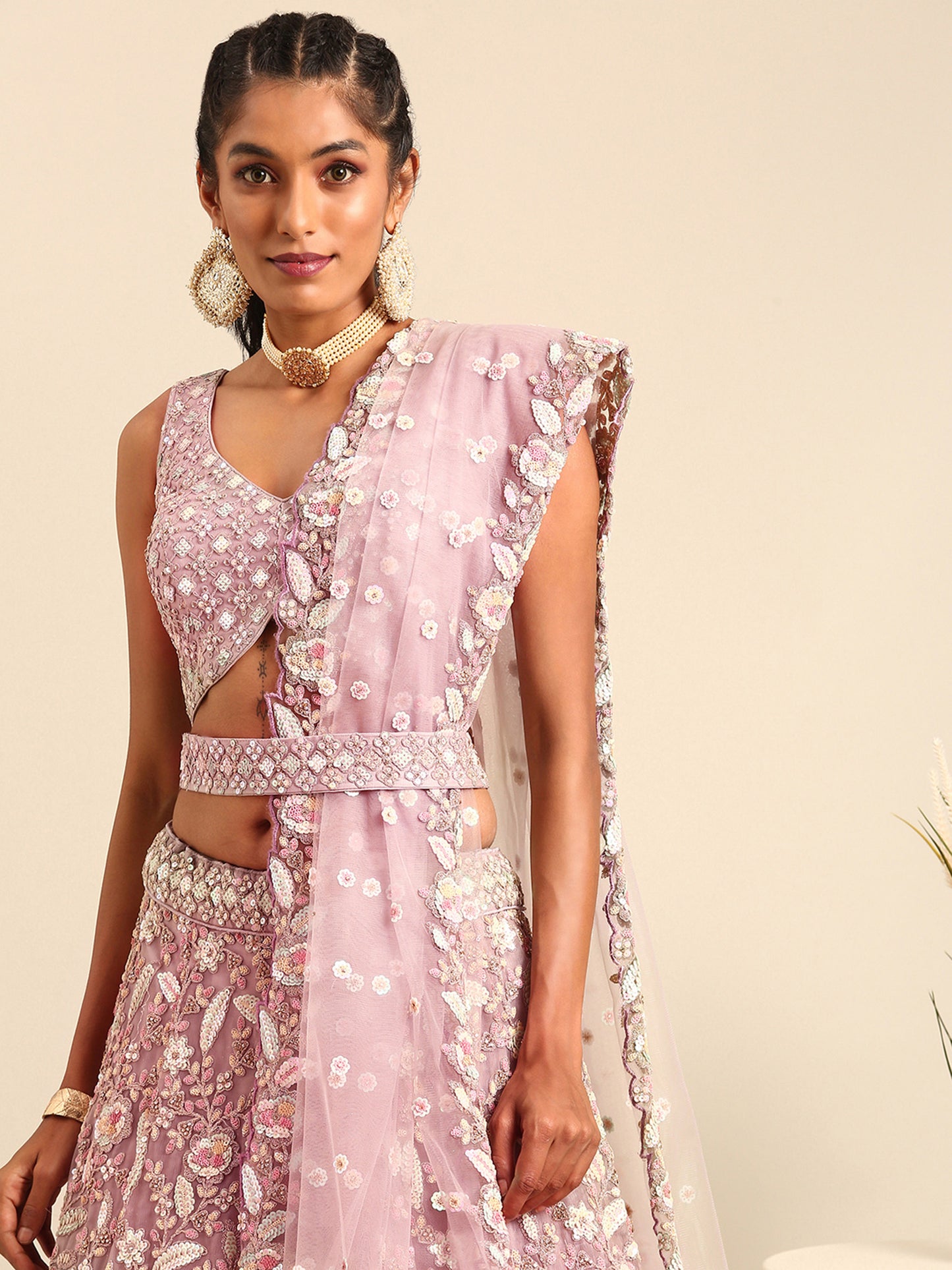 Mauve Net Multi Sequins Embroidery Bridesmaid Lehenga