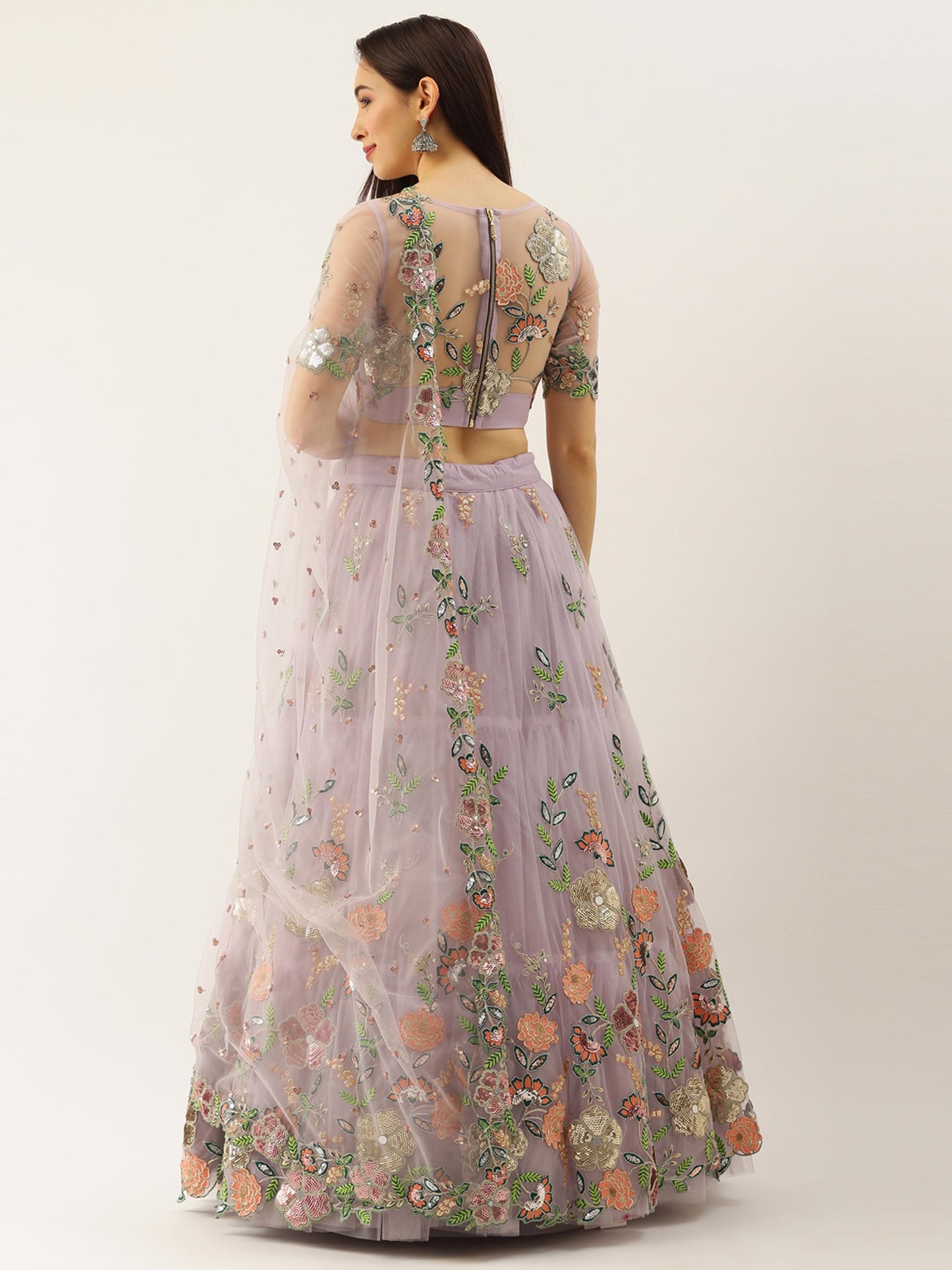 Lavender - Net Embroidered Sequence Semi-Stitched Lehenga