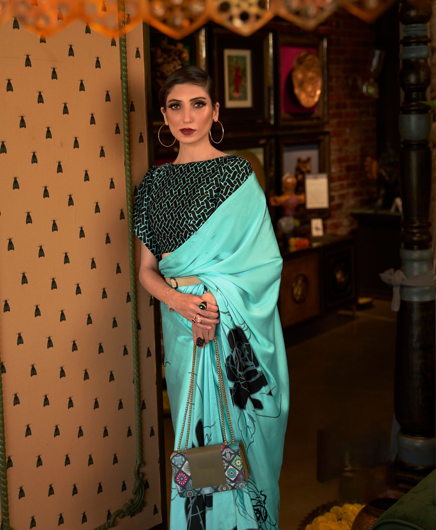 Turquoise Kalizey Printed Japan Satin Saree