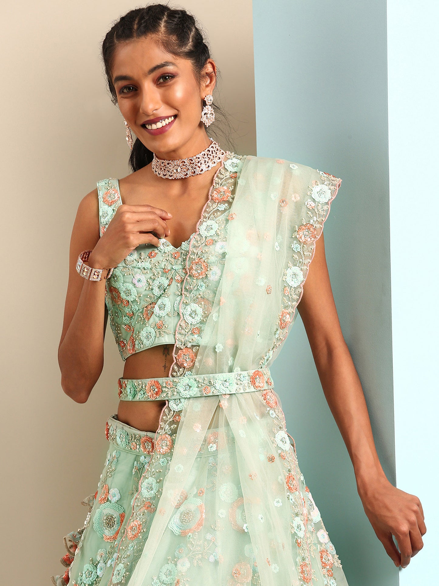 Sea Green Net Sequins and Zarkan embroidery Lehenga