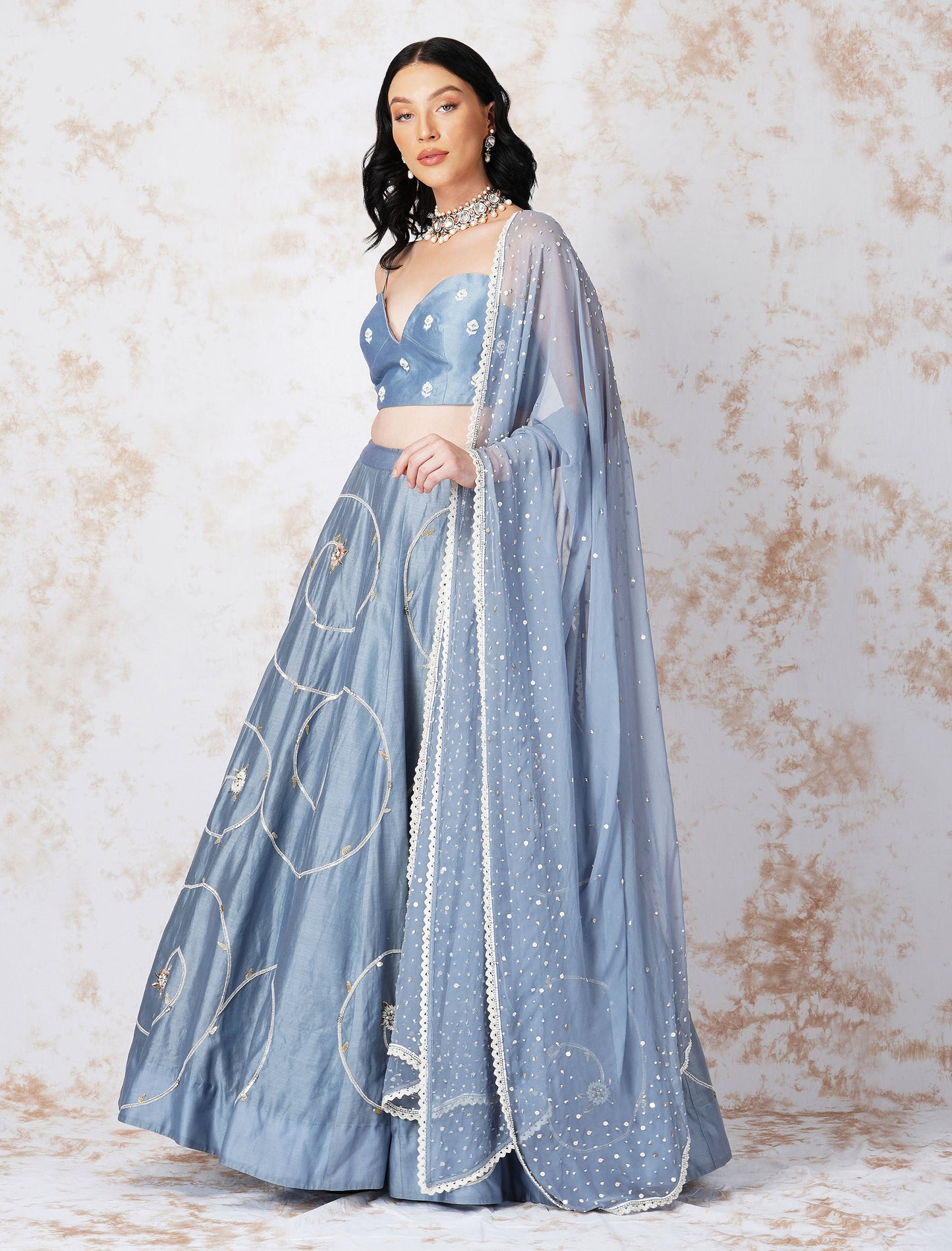 Baroque Flower Pigeon Blue Lehenga Set