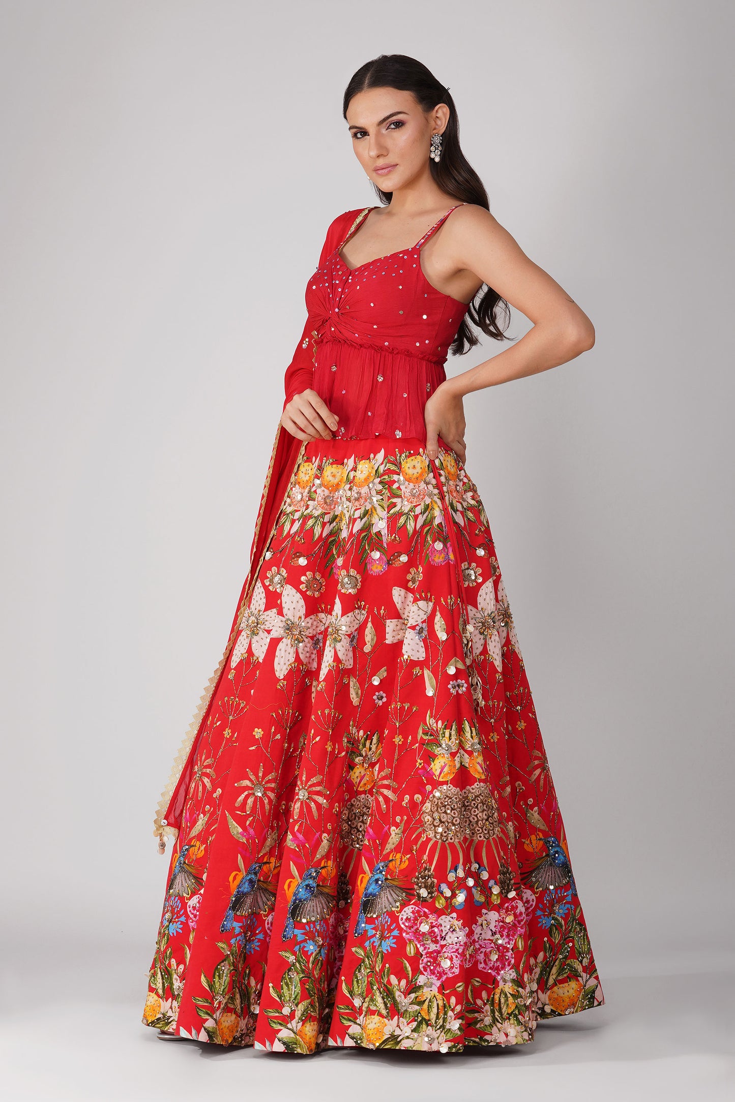 Sky Garden Red Printed Lehenga Set