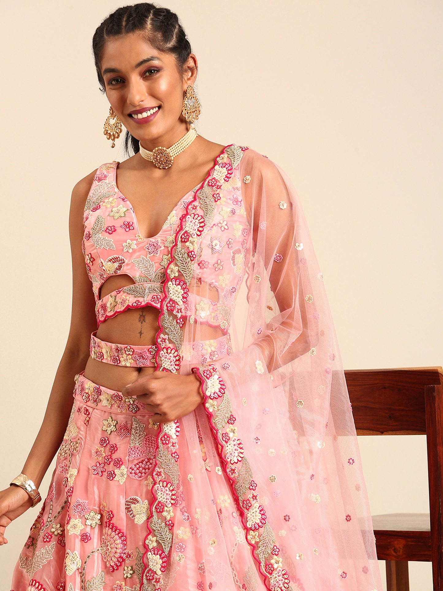 Pink Organza Sequins and Zarkan embroidery Lehenga