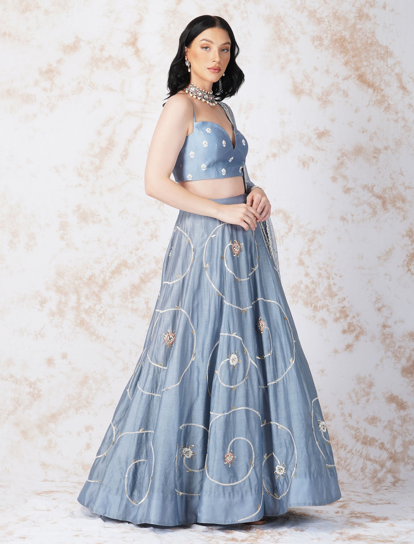 Baroque Flower Pigeon Blue Lehenga Set