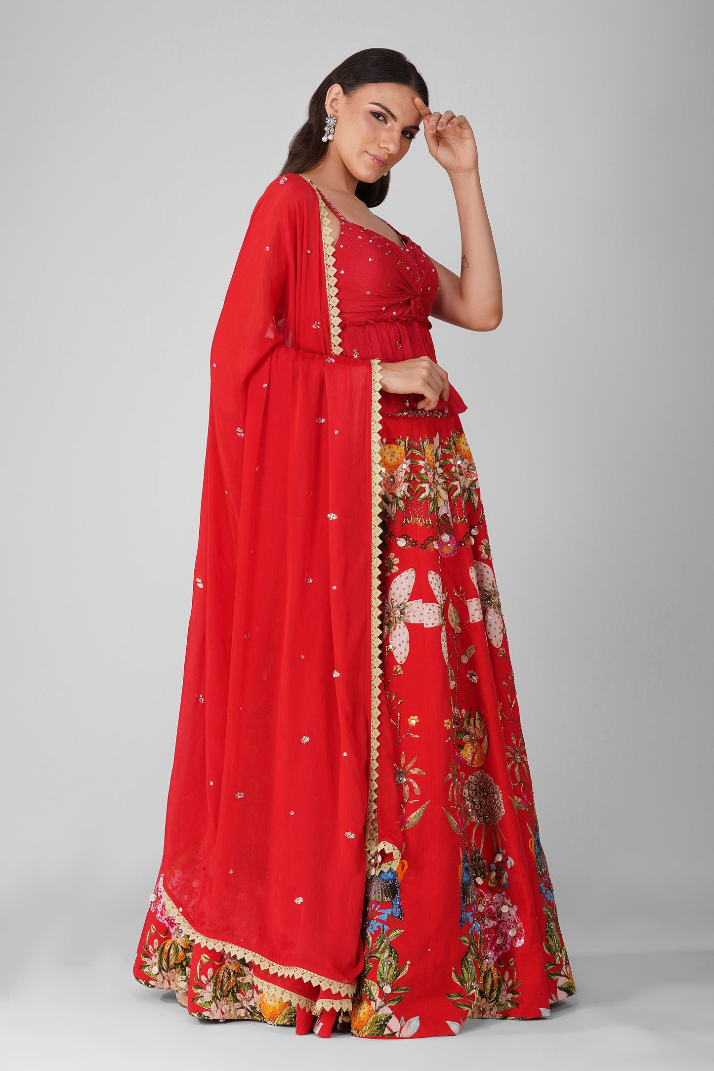 Sky Garden Red Printed Lehenga Set