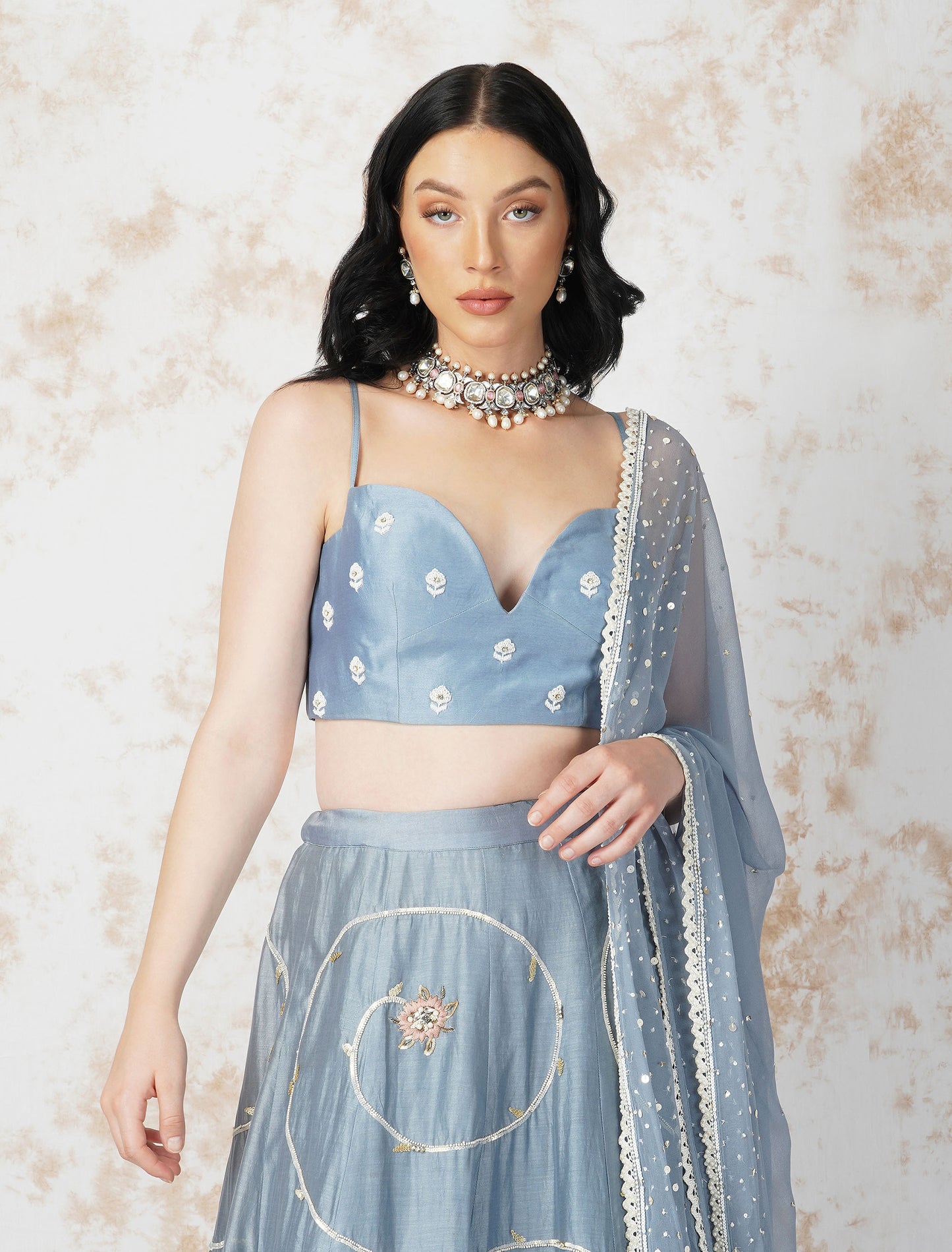 Baroque Flower Pigeon Blue Lehenga Set