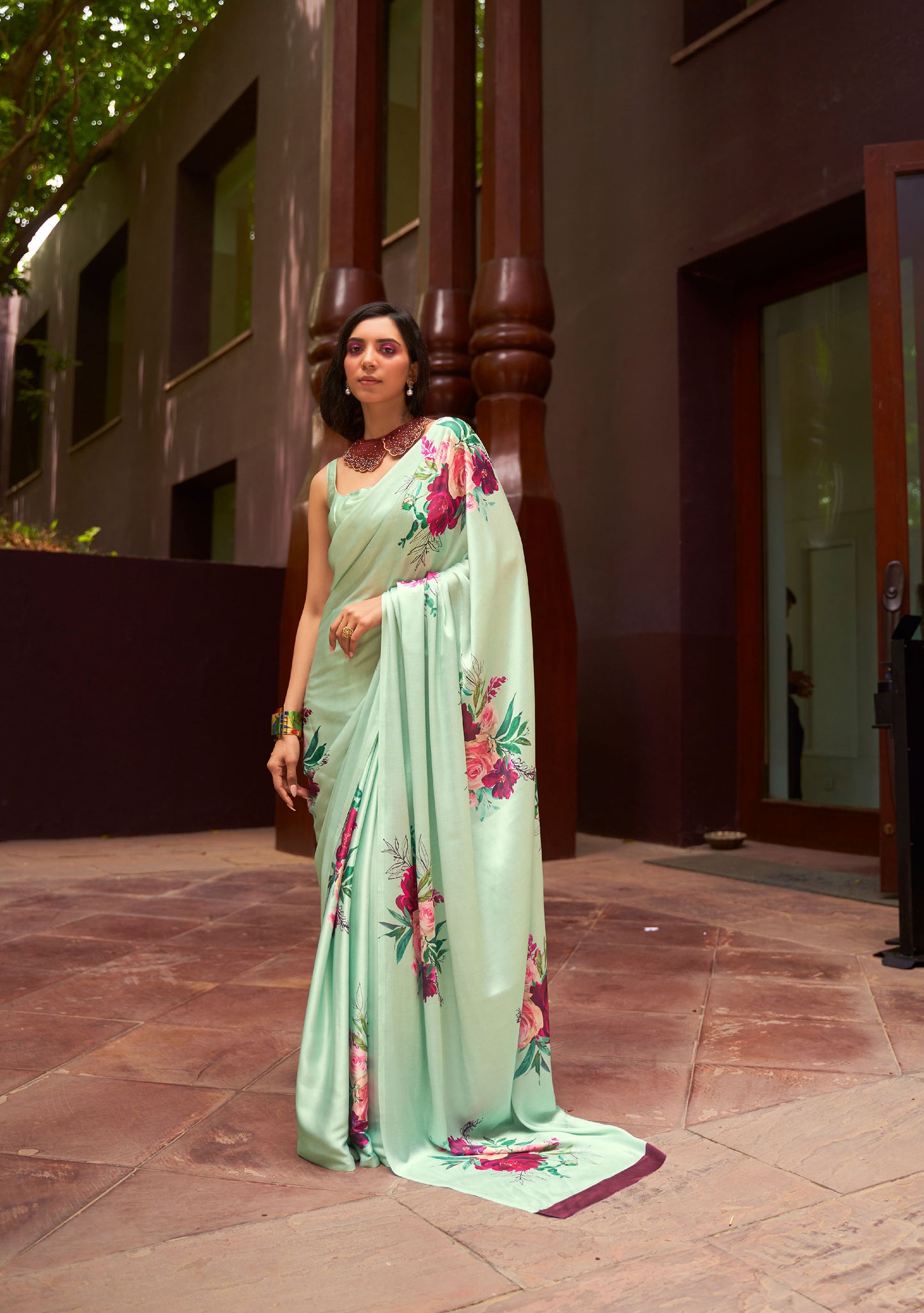 Mint Green Floral Print Kudos Digital Printed Satin Saree