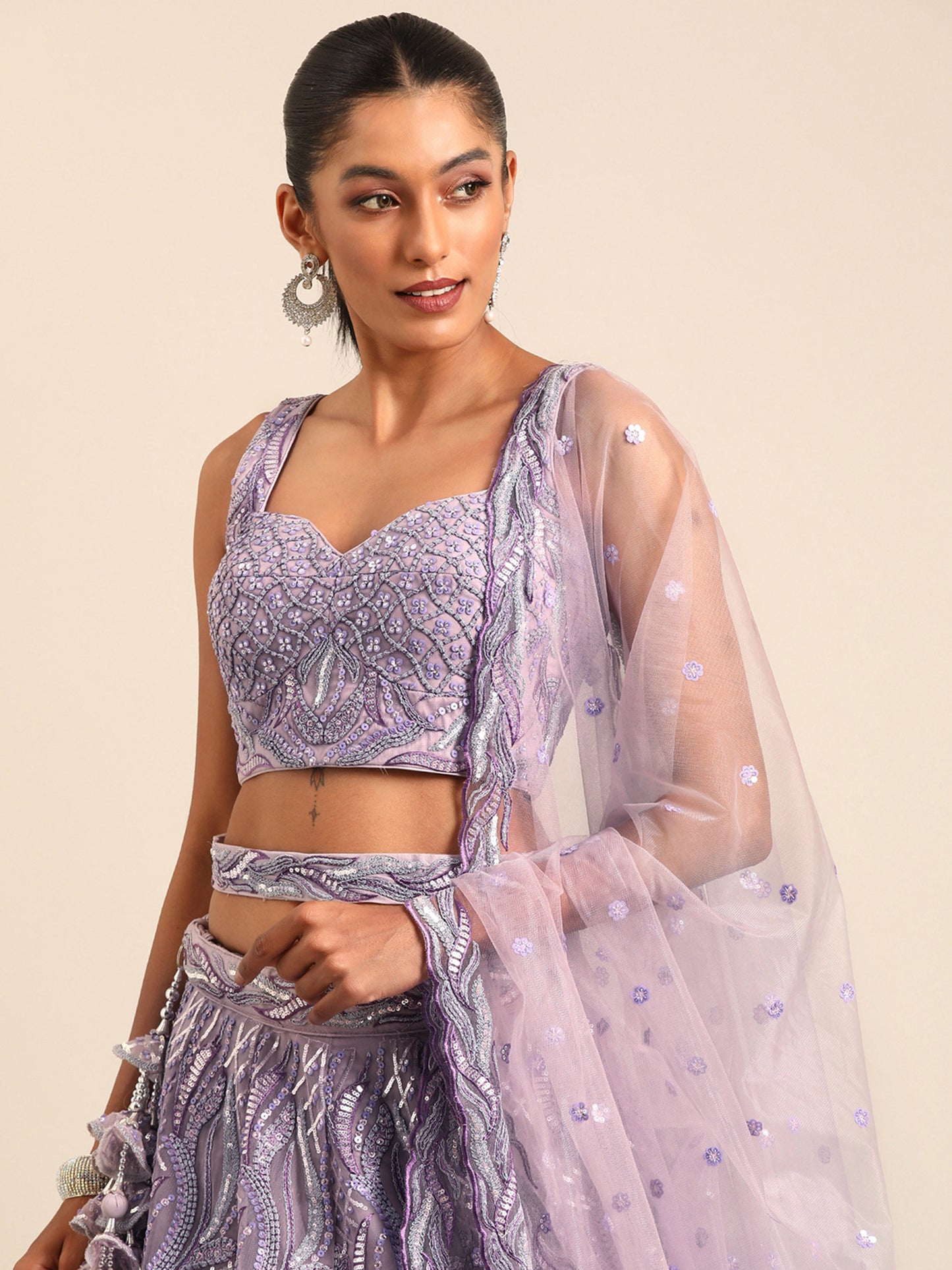 Lavender Net Sequins and Zarkan embroidery Lehenga