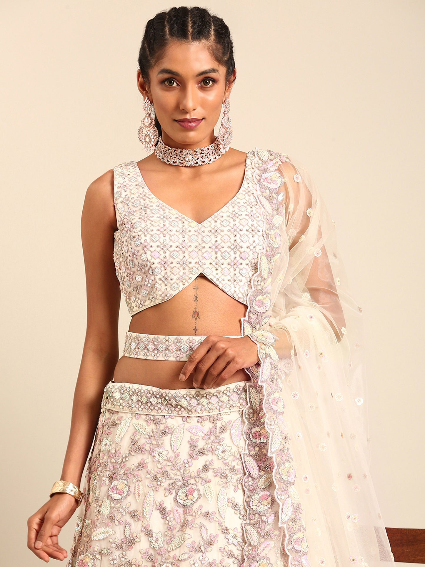 Cream Net Multi Sequins Embroidery Bridesmaid Lehenga