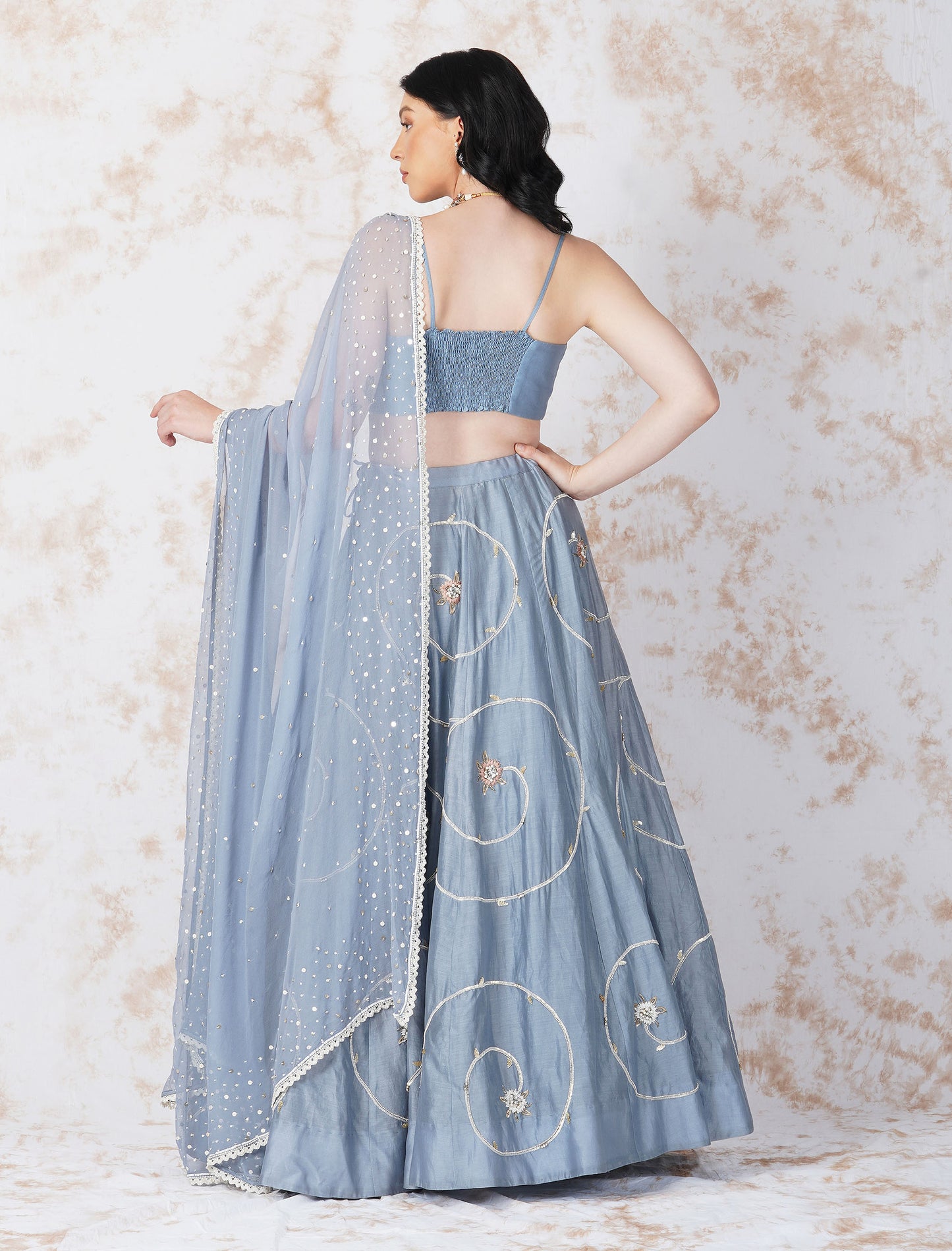 Baroque Flower Pigeon Blue Lehenga Set