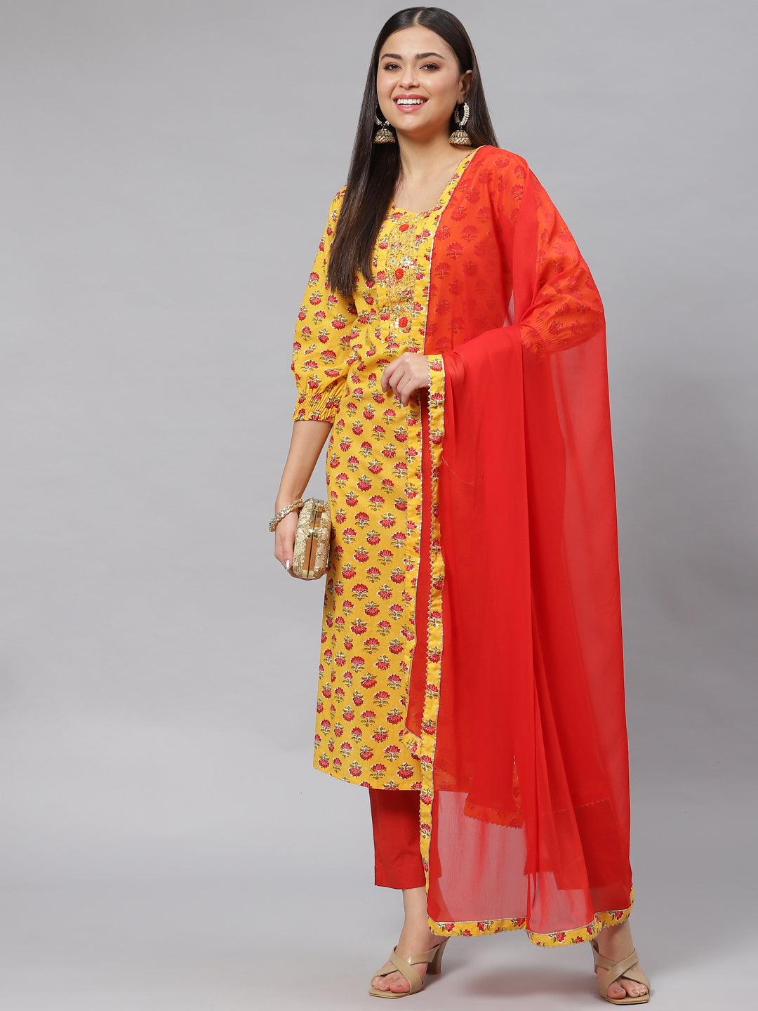 Divena Yellow Floral Cotton Kurta Pant Set with Dupatta - divena world-Mohi