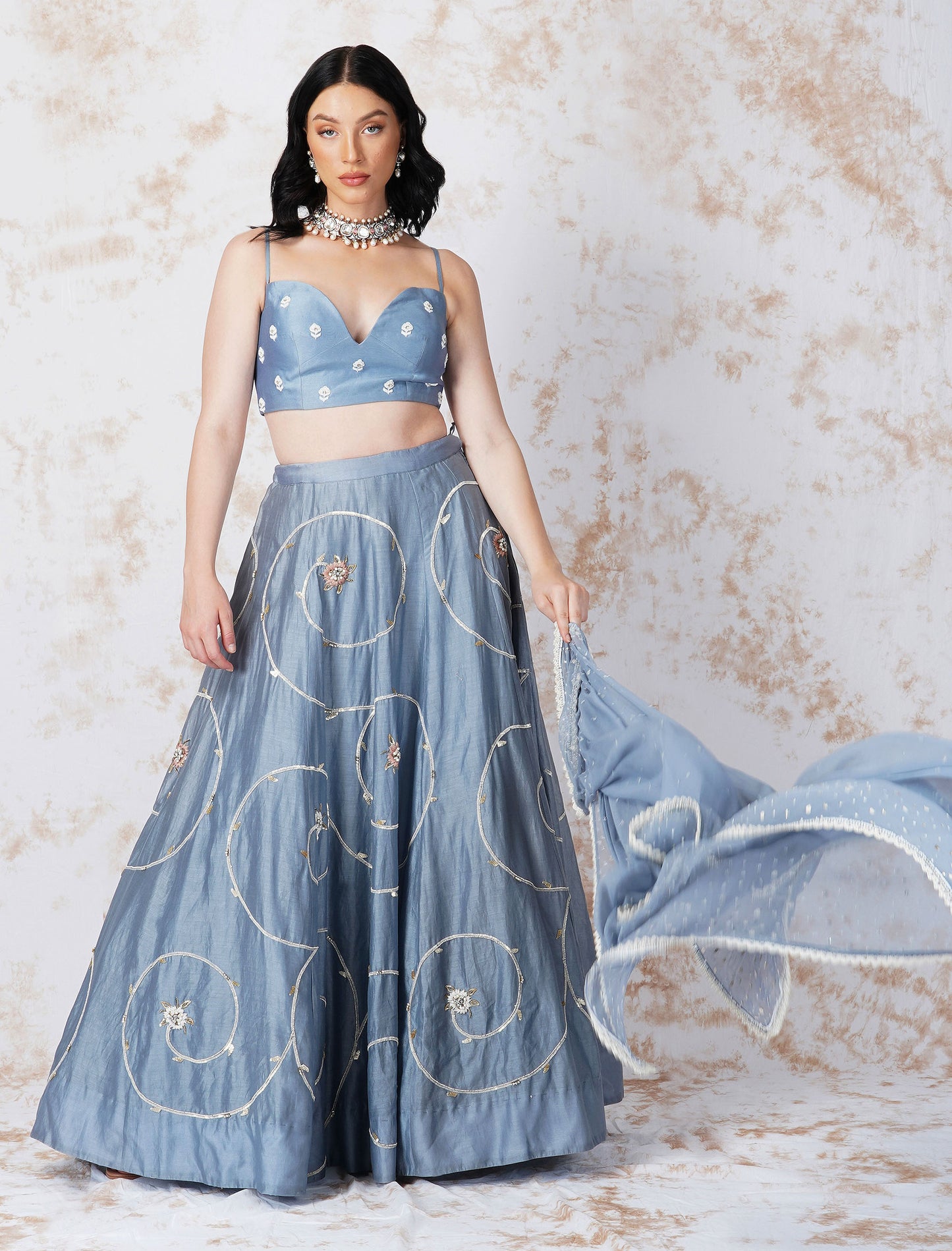 Baroque Flower Pigeon Blue Lehenga Set