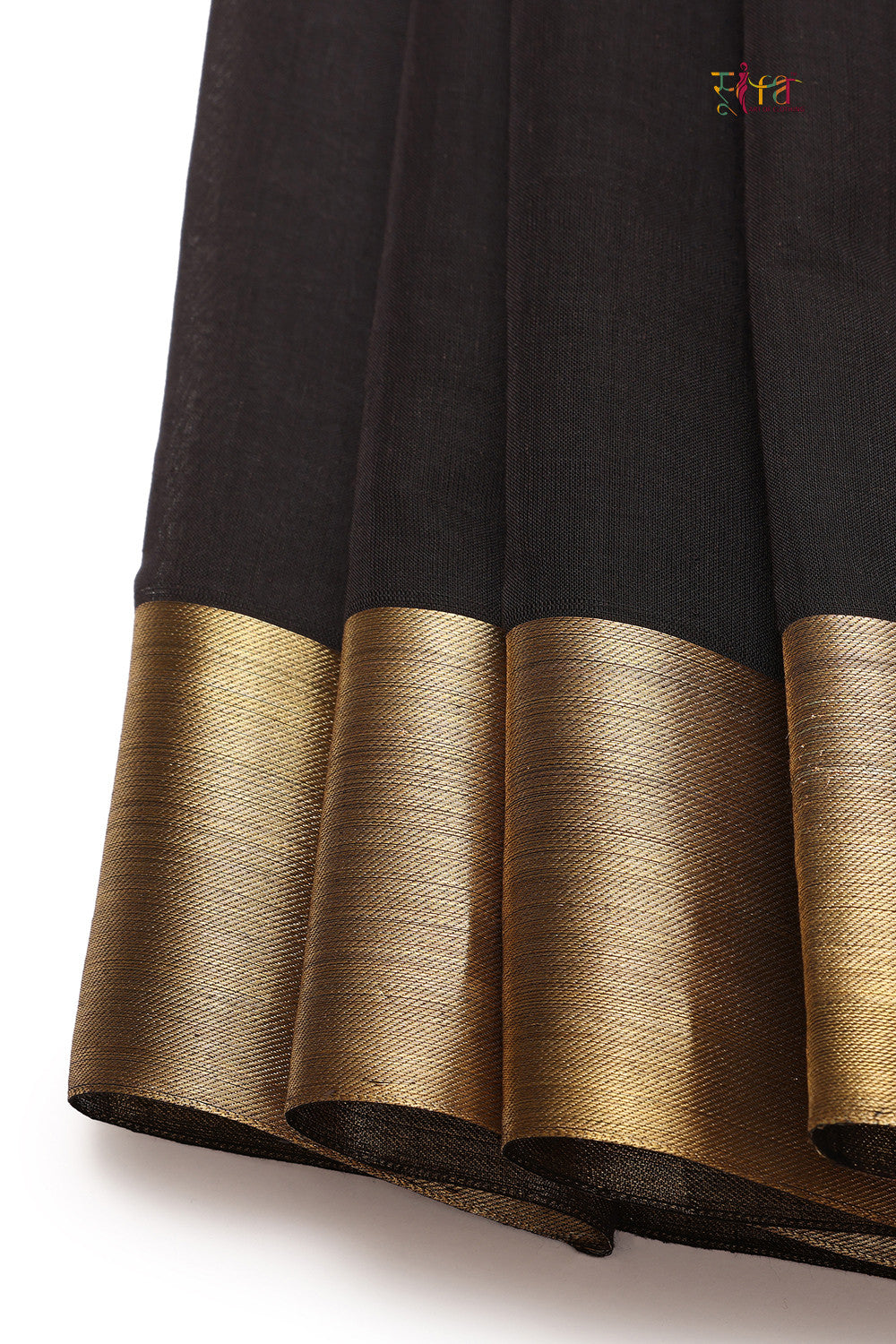 Handloom Ink Black Pure Cotton Kanchi Contemporary Saree With Golden Zari Motifs & Border