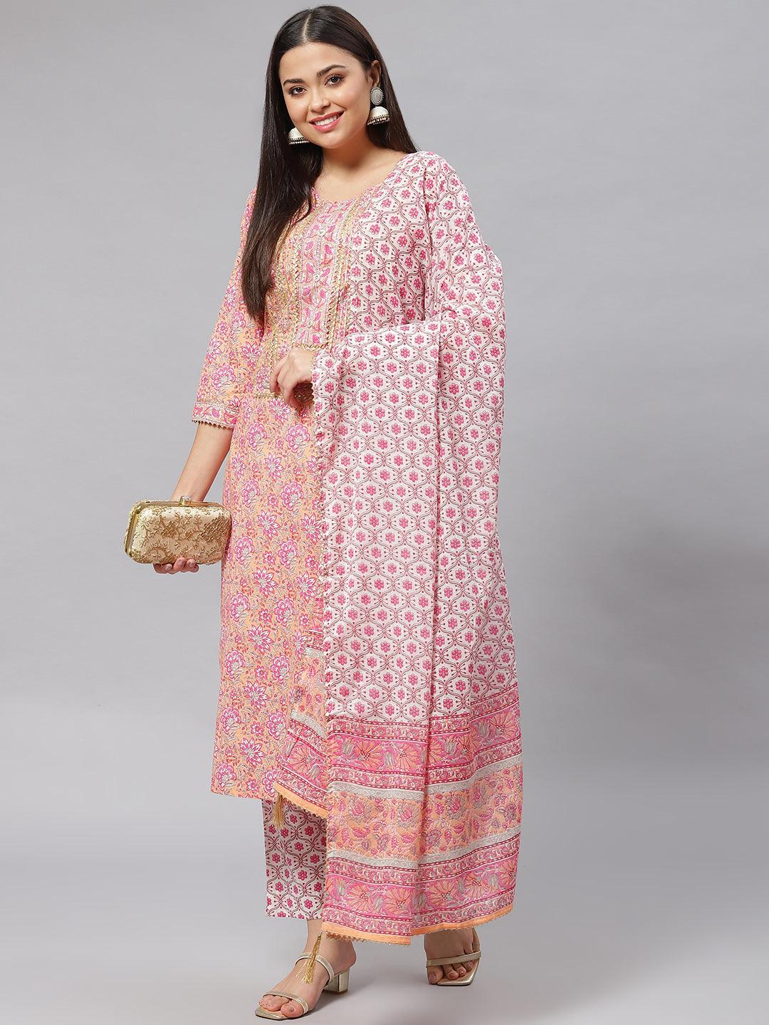 Divena Pink Cotton kurta Pant set with Dupatta - divena world-Mohi