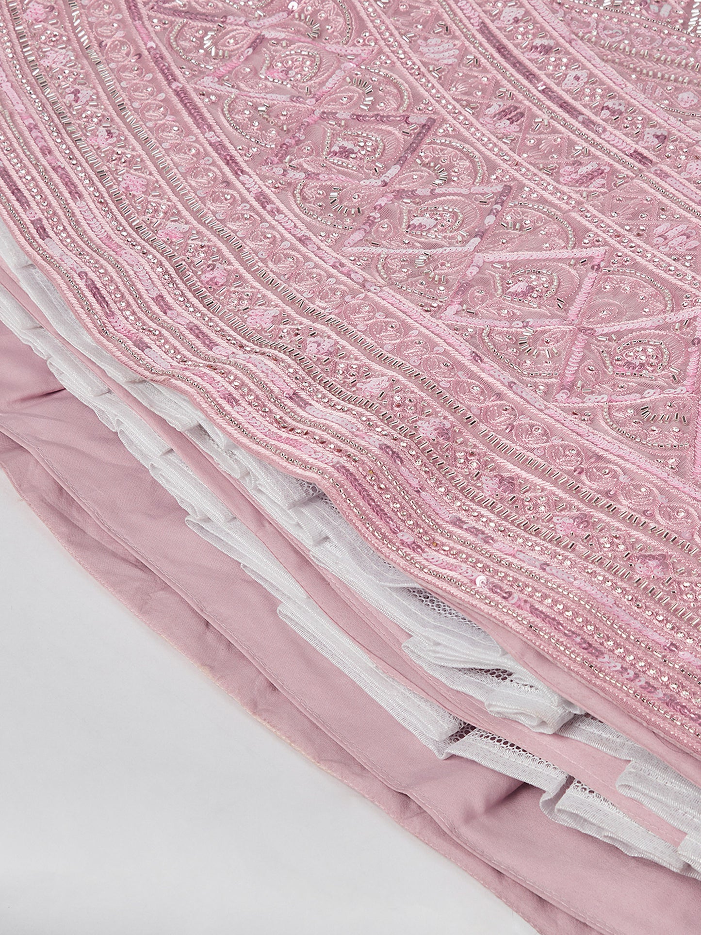 Pink Net Cutdana, Sequins and Zarkan embroidery Lehenga