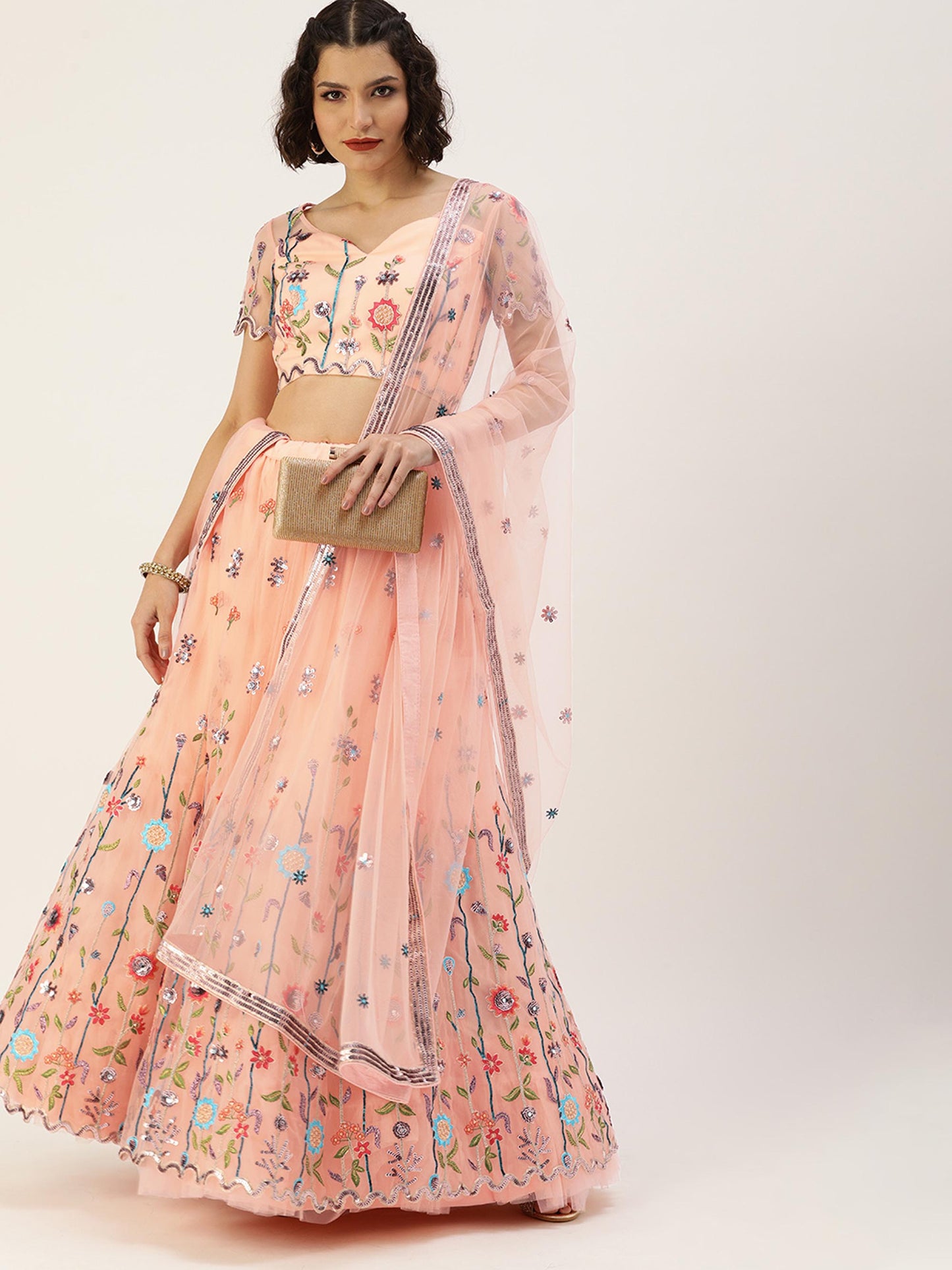 Women Peach Net Sequinse Embroidered Semi-Stitched Lehenga & Blouse with Dupatta