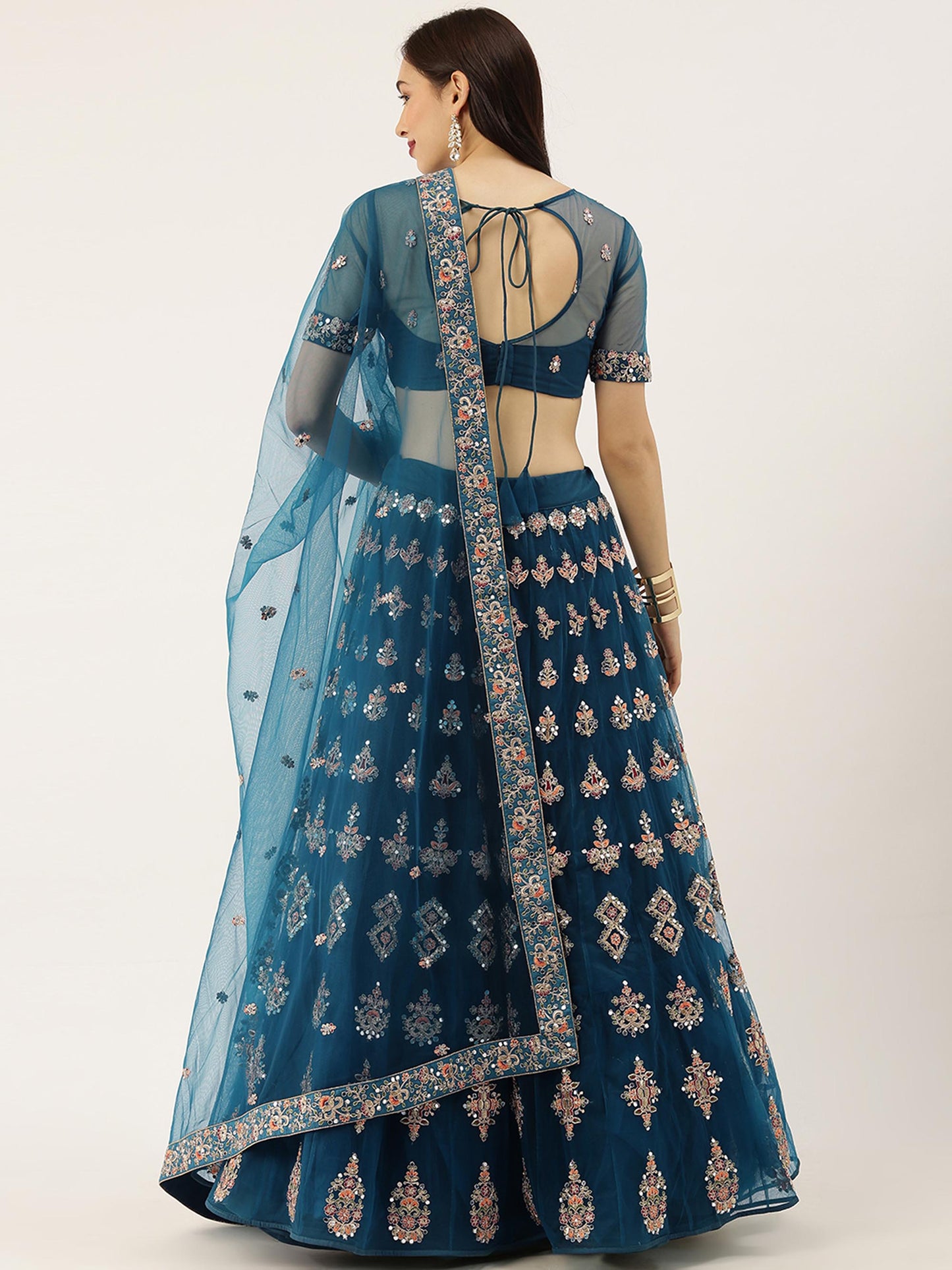 Teal Net Semi stitched Mirror and Coding Work Lehenga Choli