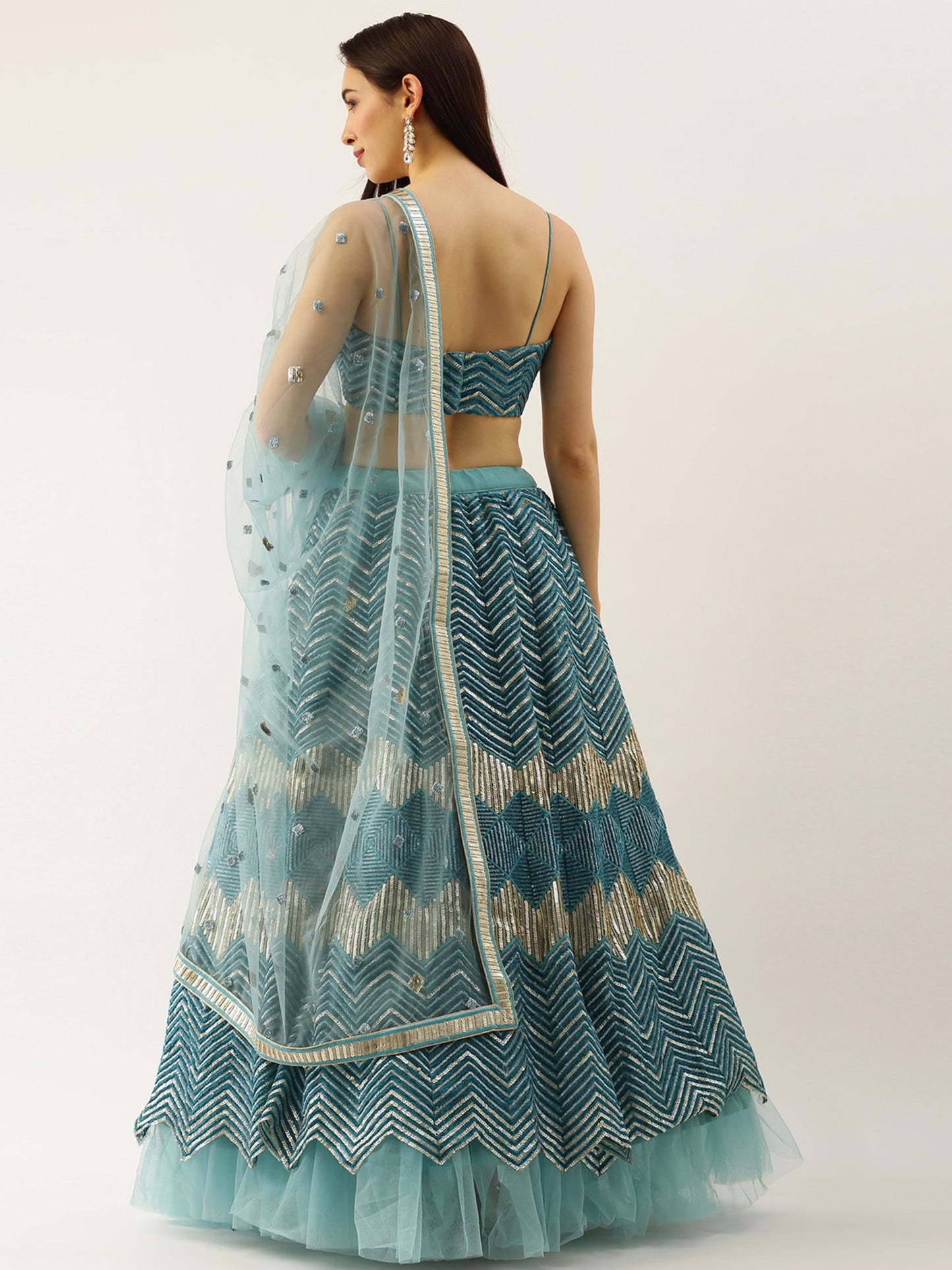 Sea Green Net Zig-Zag Embroideried Semi-Stitched Lehenga Unstitched Blouse & Dupatta