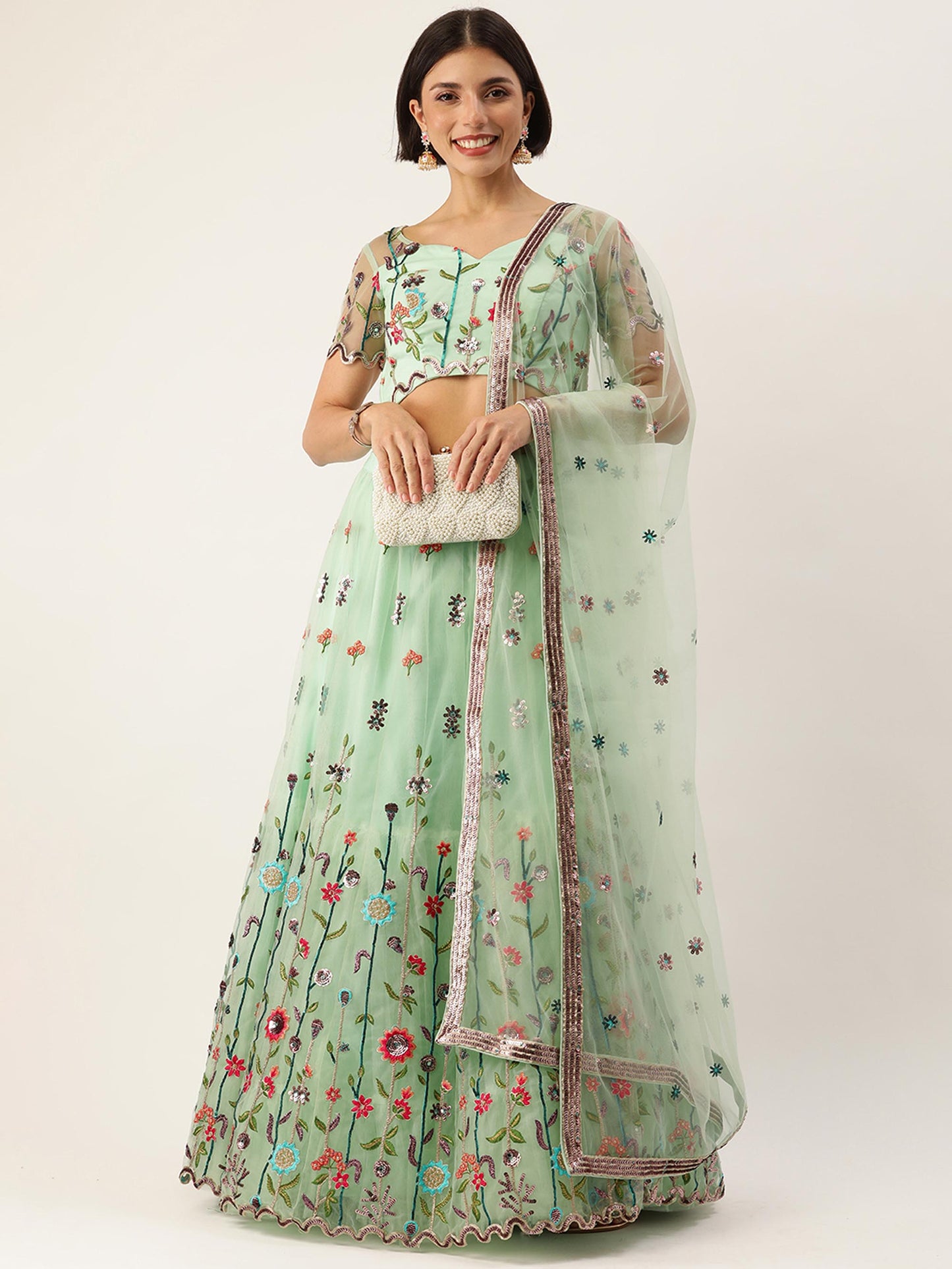 Seagreen - Net Sequin Embroidered Semi-Stitched Lehenga