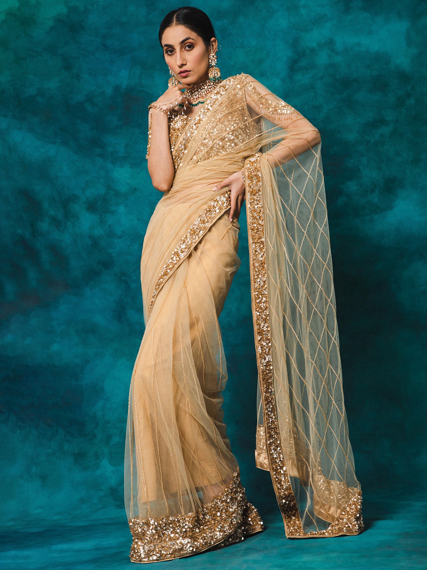 Beige Color Heavy Sequence Embroidery Net Saree