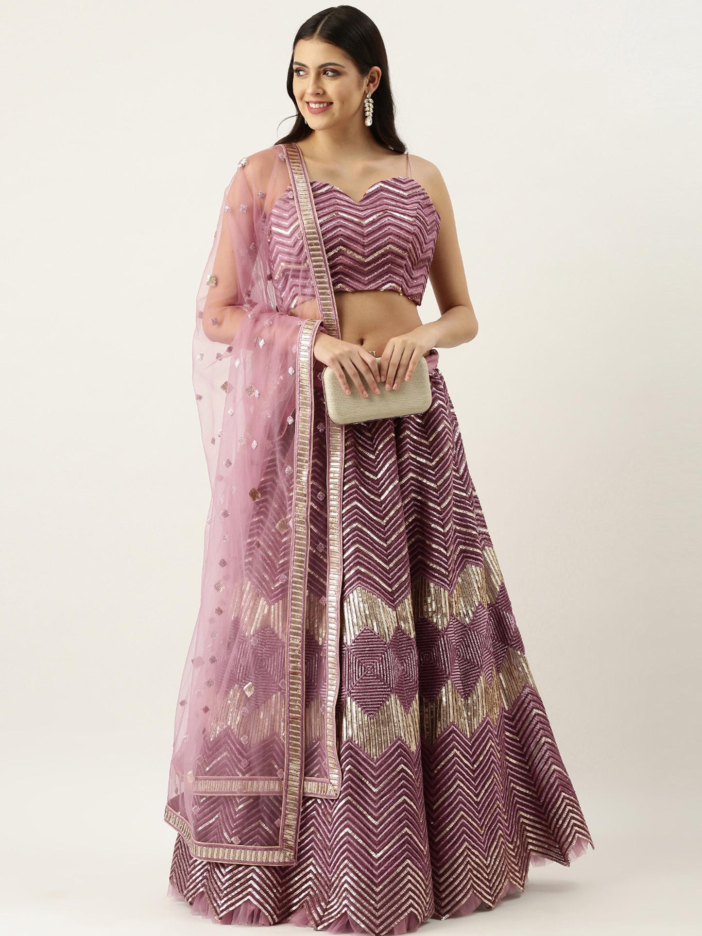 Lavender - Net Embroidered Semi-Stitched Lehenga with Zig-Zag Pattern