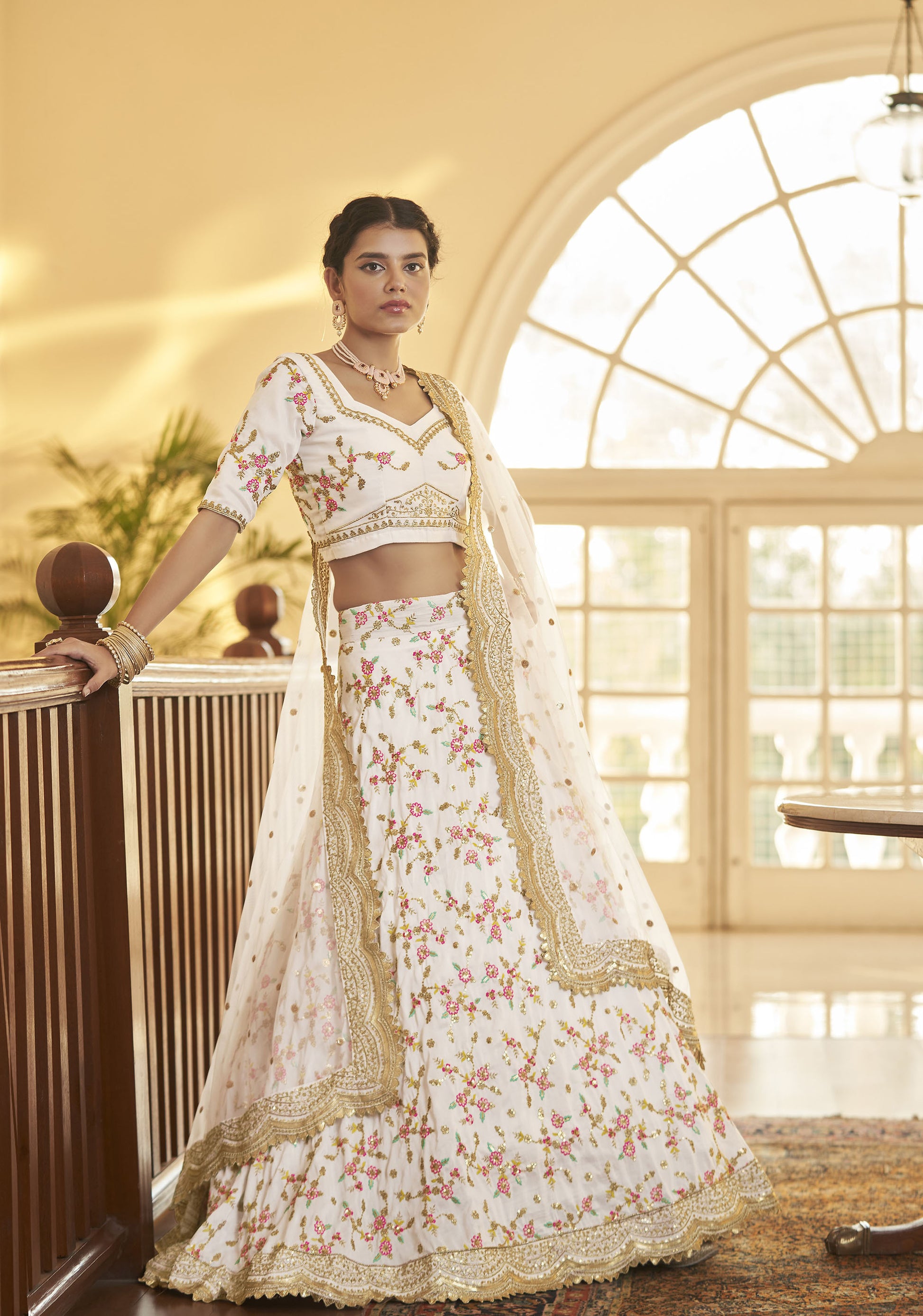 White Chinnon Silk Sequins Work Engagement Lehenga