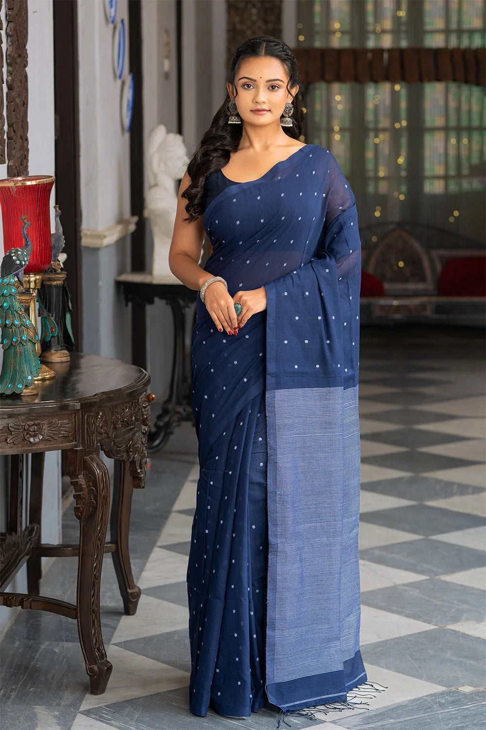 Handloom Blue Pure Cotton Polka Jamdani Saree